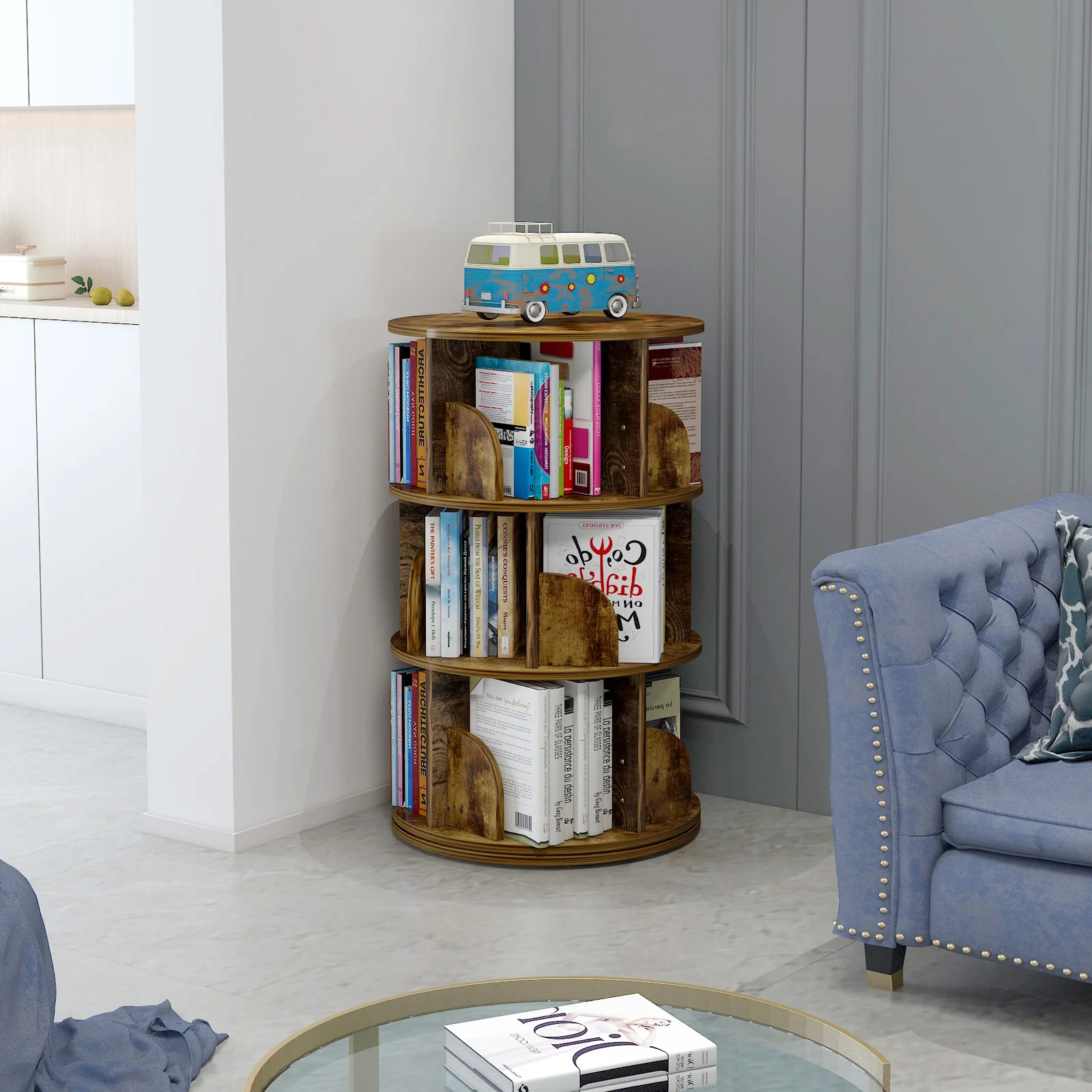 Sanctuary 360-degree Rotating 3 Tier Display Shelf Bookcase Organiser (Rustic Wood) - Image 3