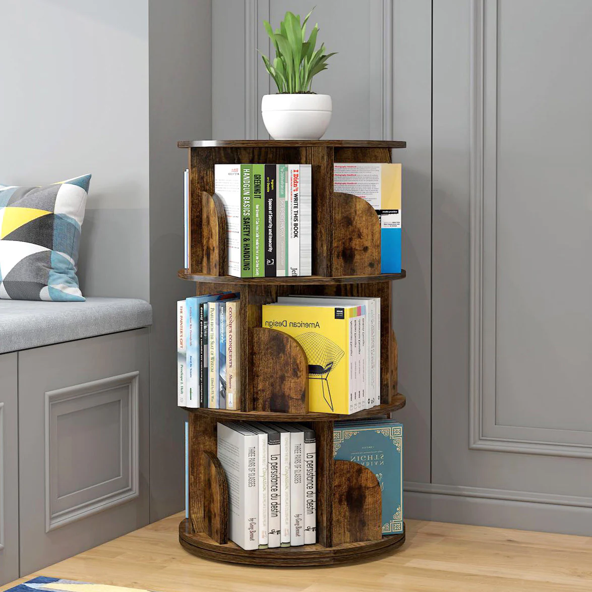 Sanctuary 360-degree Rotating 3 Tier Display Shelf Bookcase Organiser (Rustic Wood) - Image 7