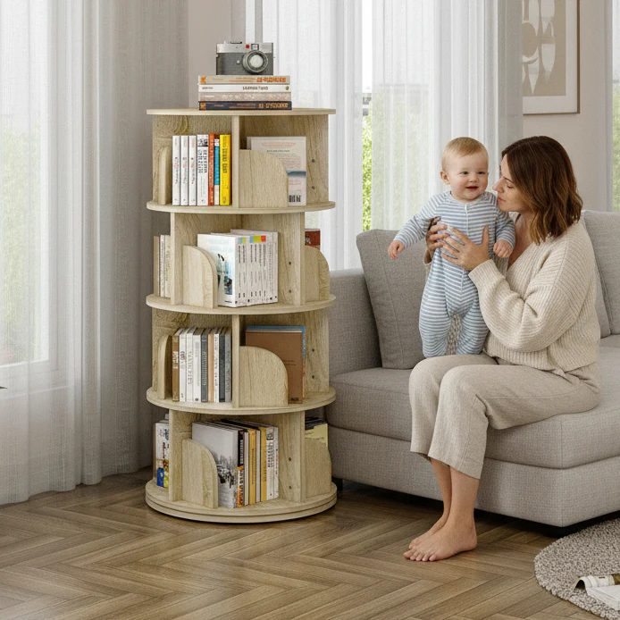 Sanctuary 360-degree Rotating 4 Tier Display Shelf Bookcase Organiser (Coastal Oak) - Image 2