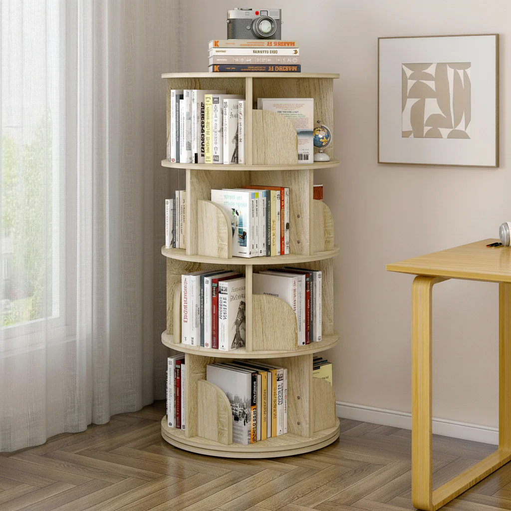 Sanctuary 360-degree Rotating 4 Tier Display Shelf Bookcase Organiser (Coastal Oak) - Image 3