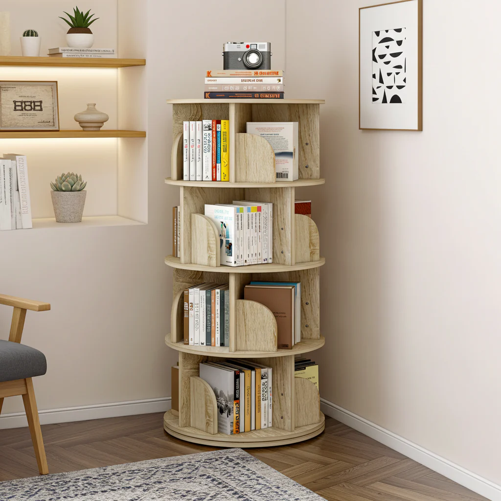 Sanctuary 360-degree Rotating 4 Tier Display Shelf Bookcase Organiser (Coastal Oak) - Image 5