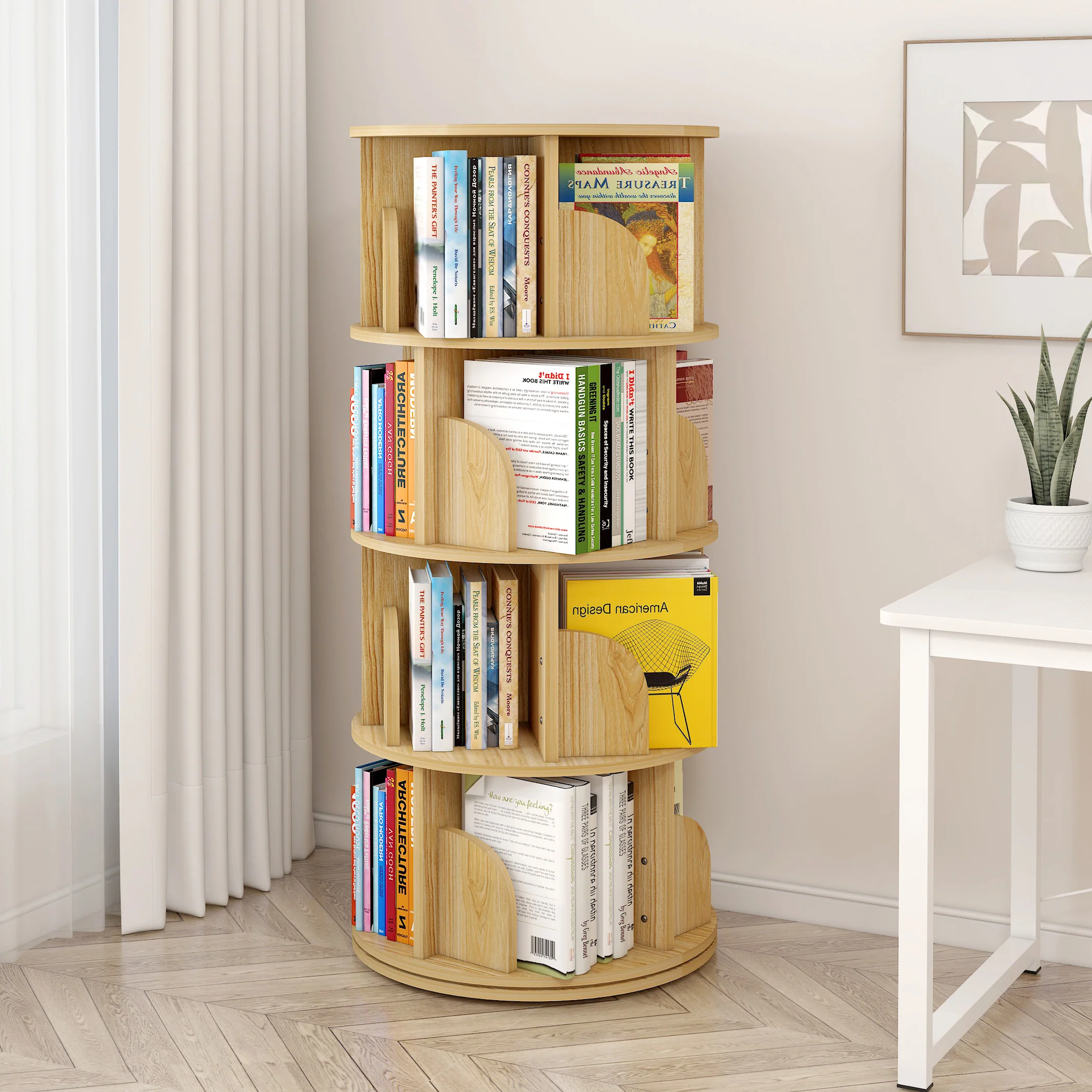 Sanctuary 360-degree Rotating 4 Tier Display Shelf Bookcase Organiser (Oak) - Image 3