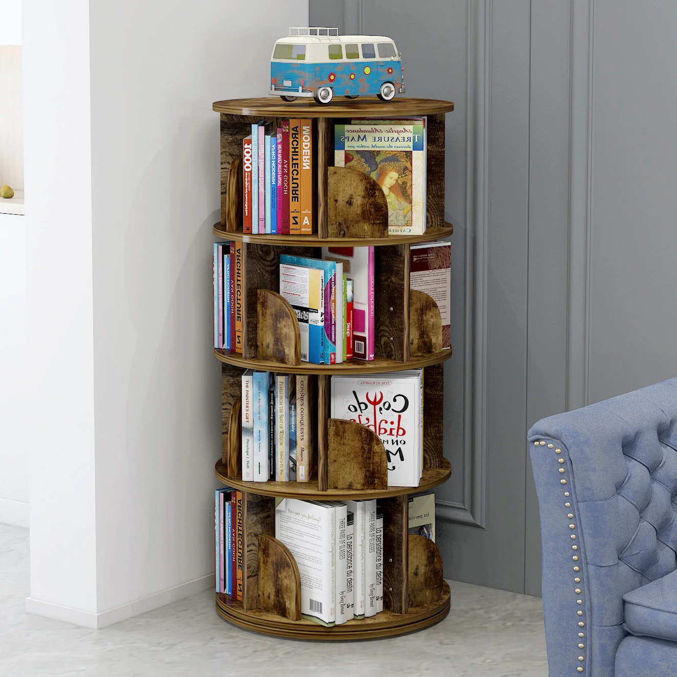 Sanctuary 360-degree Rotating 4 Tier Display Shelf Bookcase Organiser (Rustic Wood) - Image 2