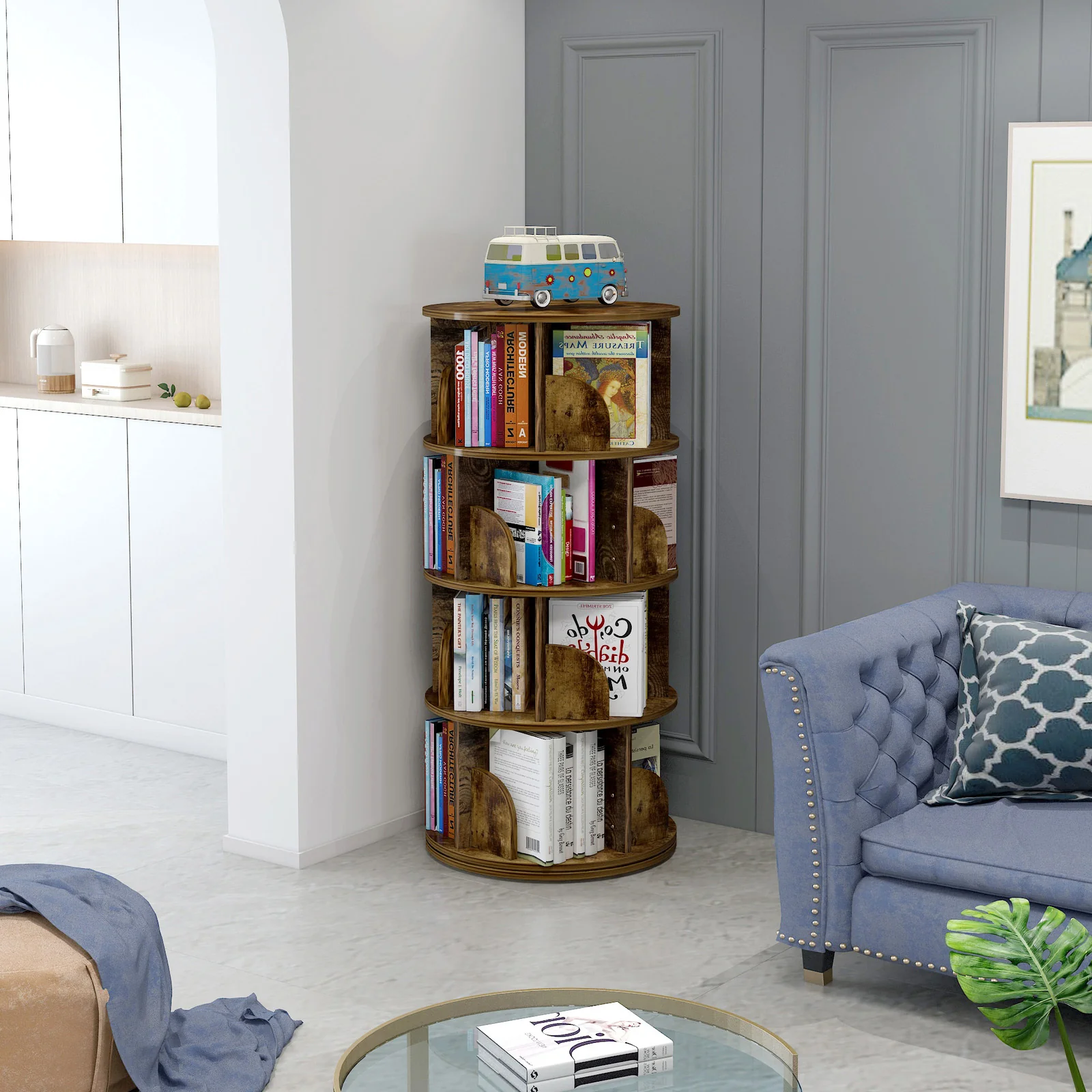 Sanctuary 360-degree Rotating 4 Tier Display Shelf Bookcase Organiser (Rustic Wood) - Image 4