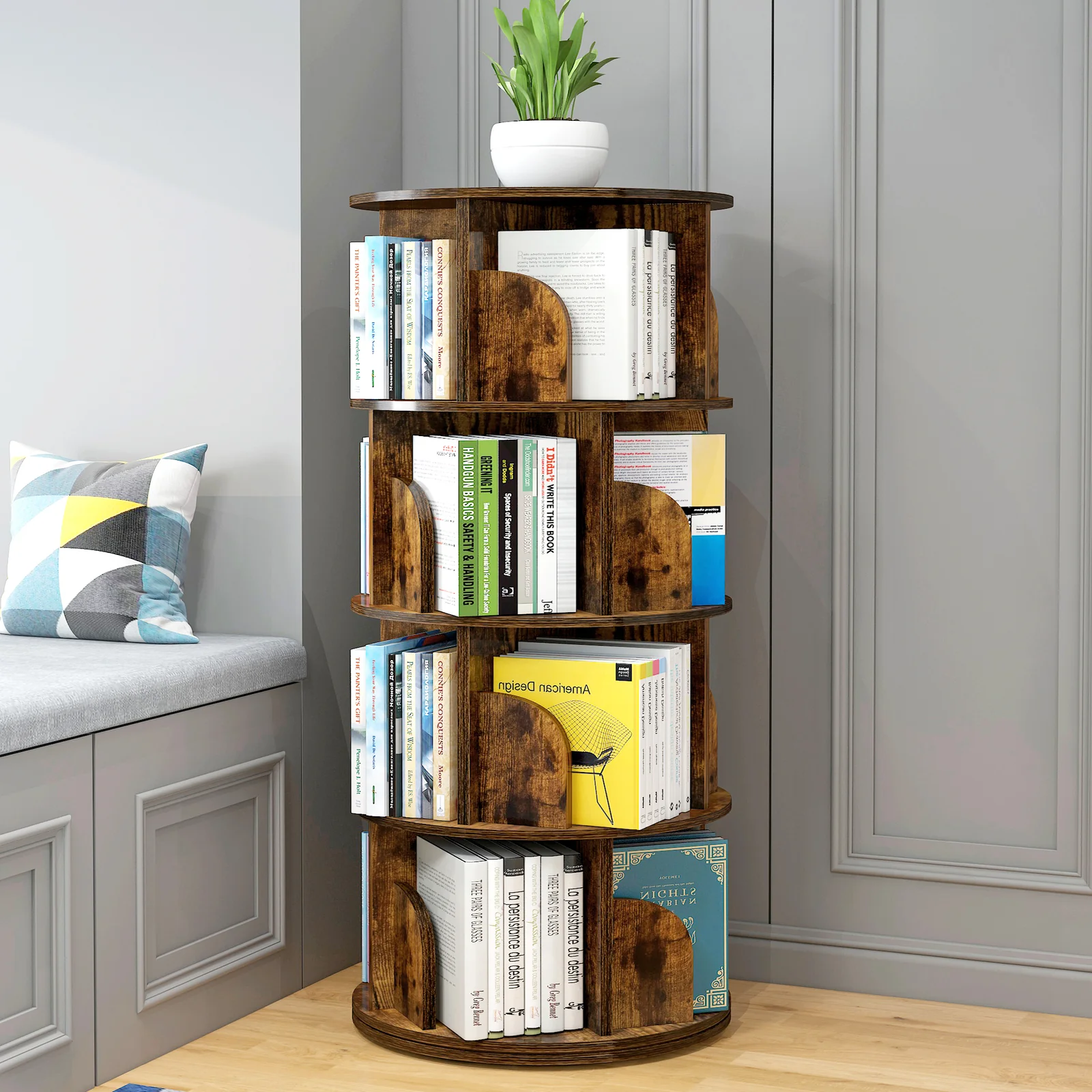 Sanctuary 360-degree Rotating 4 Tier Display Shelf Bookcase Organiser (Rustic Wood) - Image 5