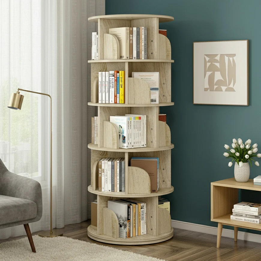 Sanctuary 360-degree Rotating 5 Tier Display Shelf Bookcase Organiser (Coastal Oak) - Image 14
