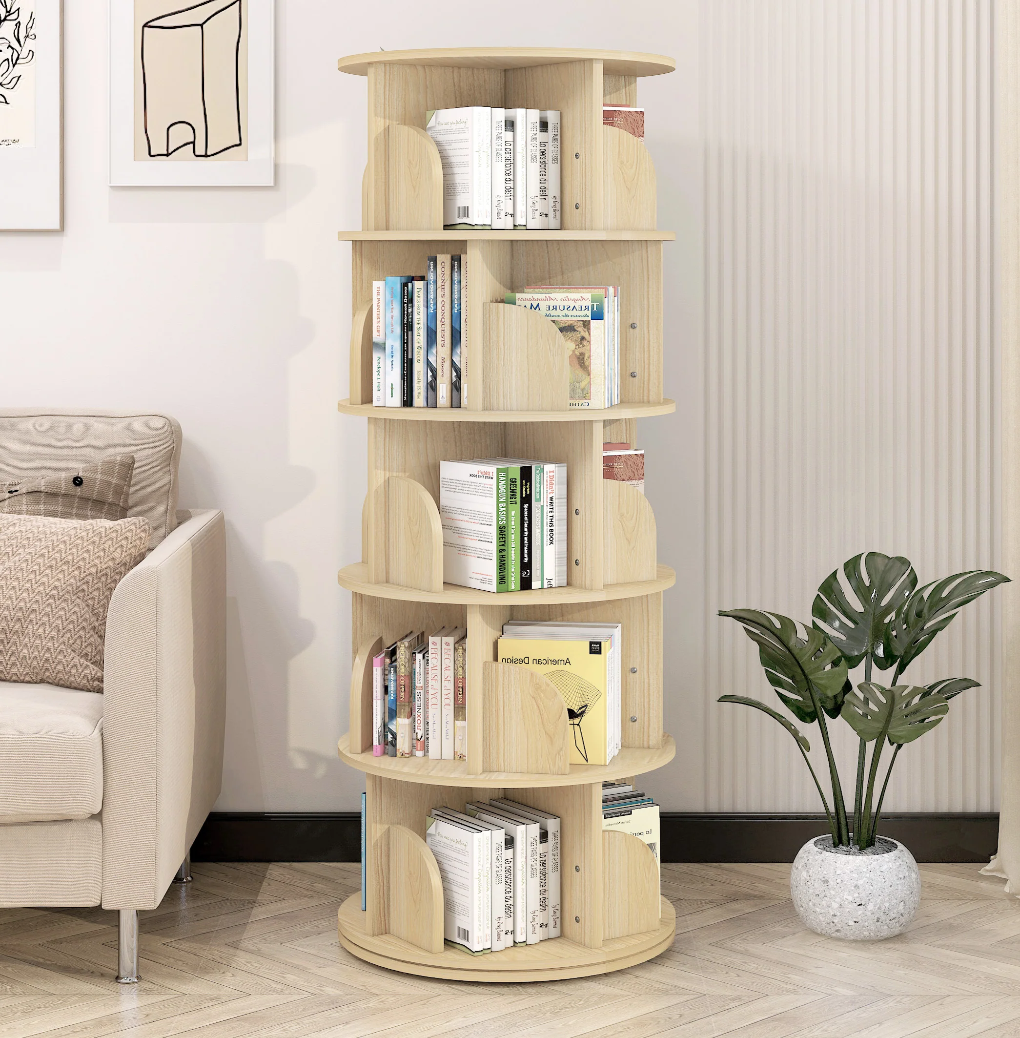 Sanctuary 360-degree Rotating 5 Tier Display Shelf Bookcase Organiser (Coastal Oak) - Image 15