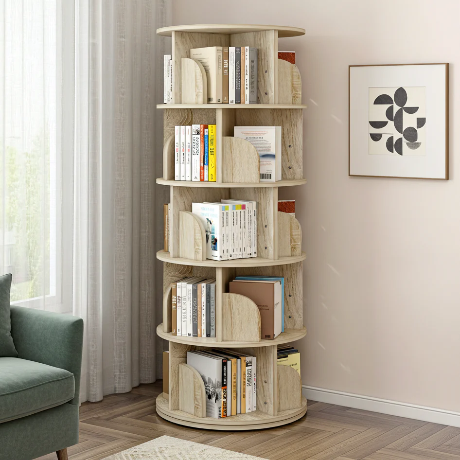 Sanctuary 360-degree Rotating 5 Tier Display Shelf Bookcase Organiser (Coastal Oak) - Image 4