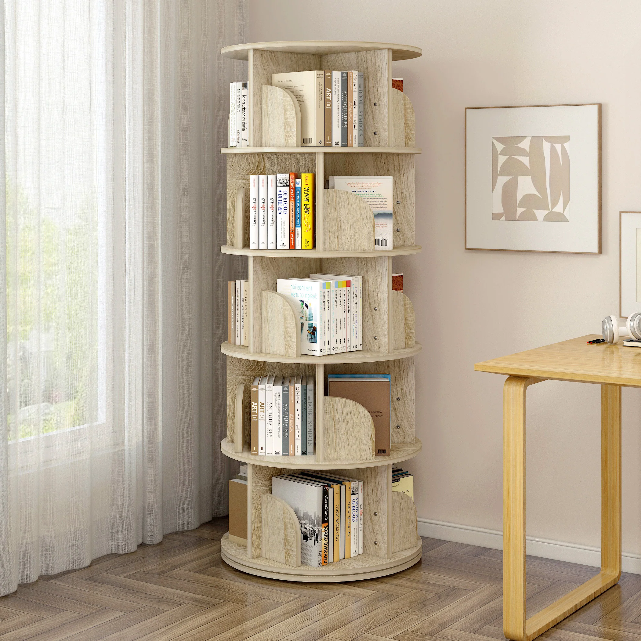 Sanctuary 360-degree Rotating 5 Tier Display Shelf Bookcase Organiser (Coastal Oak) - Image 7
