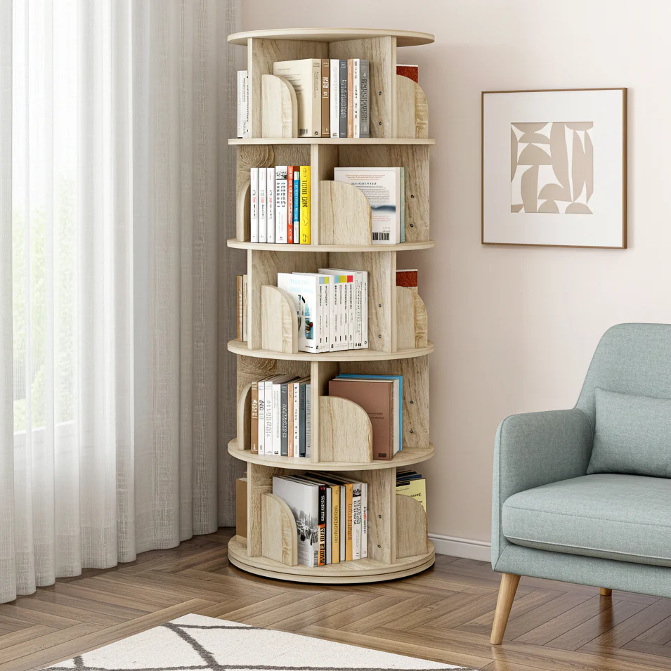 Sanctuary 360-degree Rotating 5 Tier Display Shelf Bookcase Organiser (Coastal Oak) - Image 8