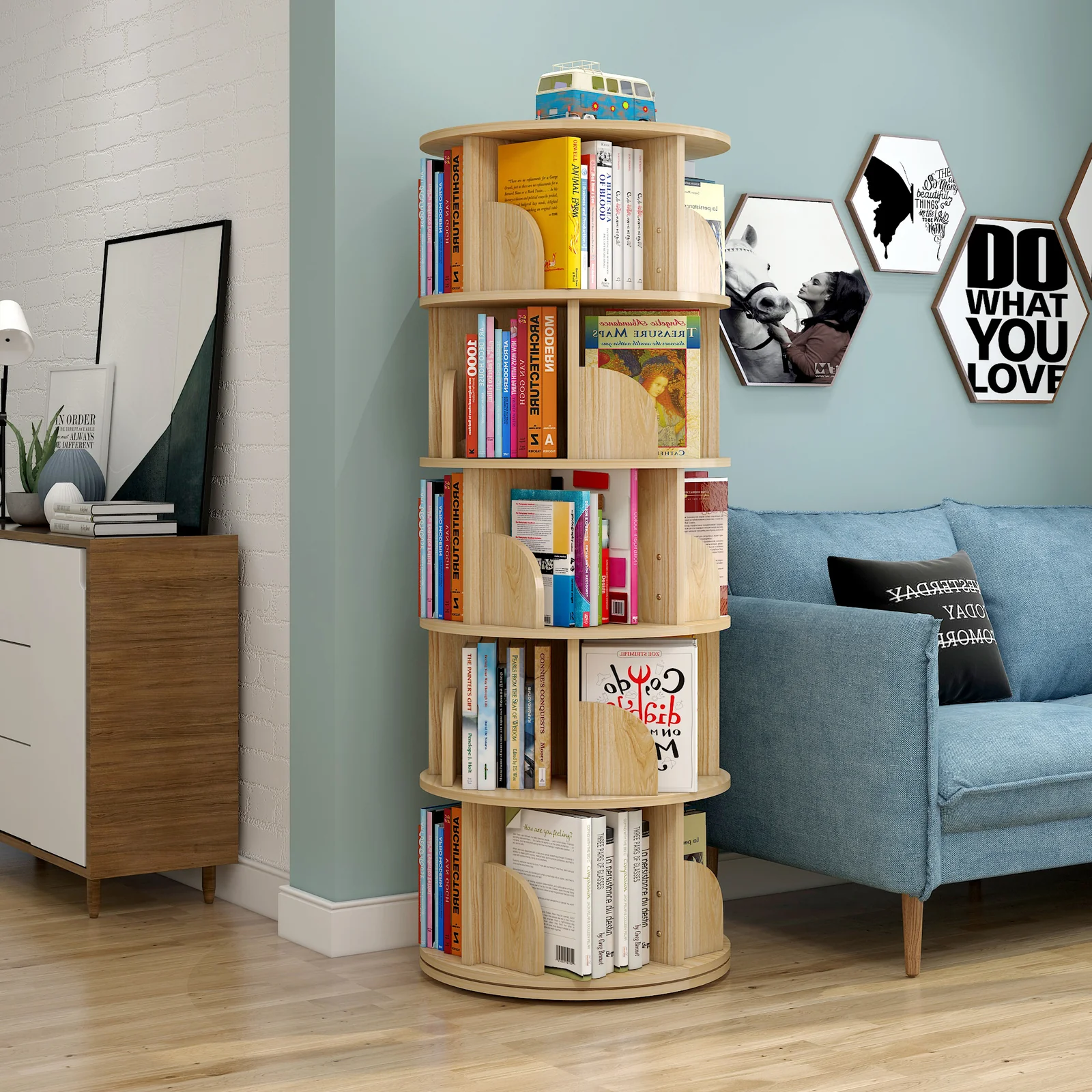 Sanctuary 360-degree Rotating 5 Tier Display Shelf Bookcase Organiser (Oak) - Image 17