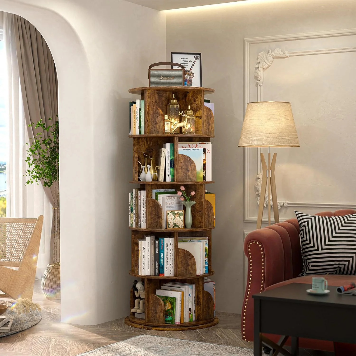 Sanctuary 360-degree Rotating 5 Tier Display Shelf Bookcase Organiser (Rustic Wood) - Image 3