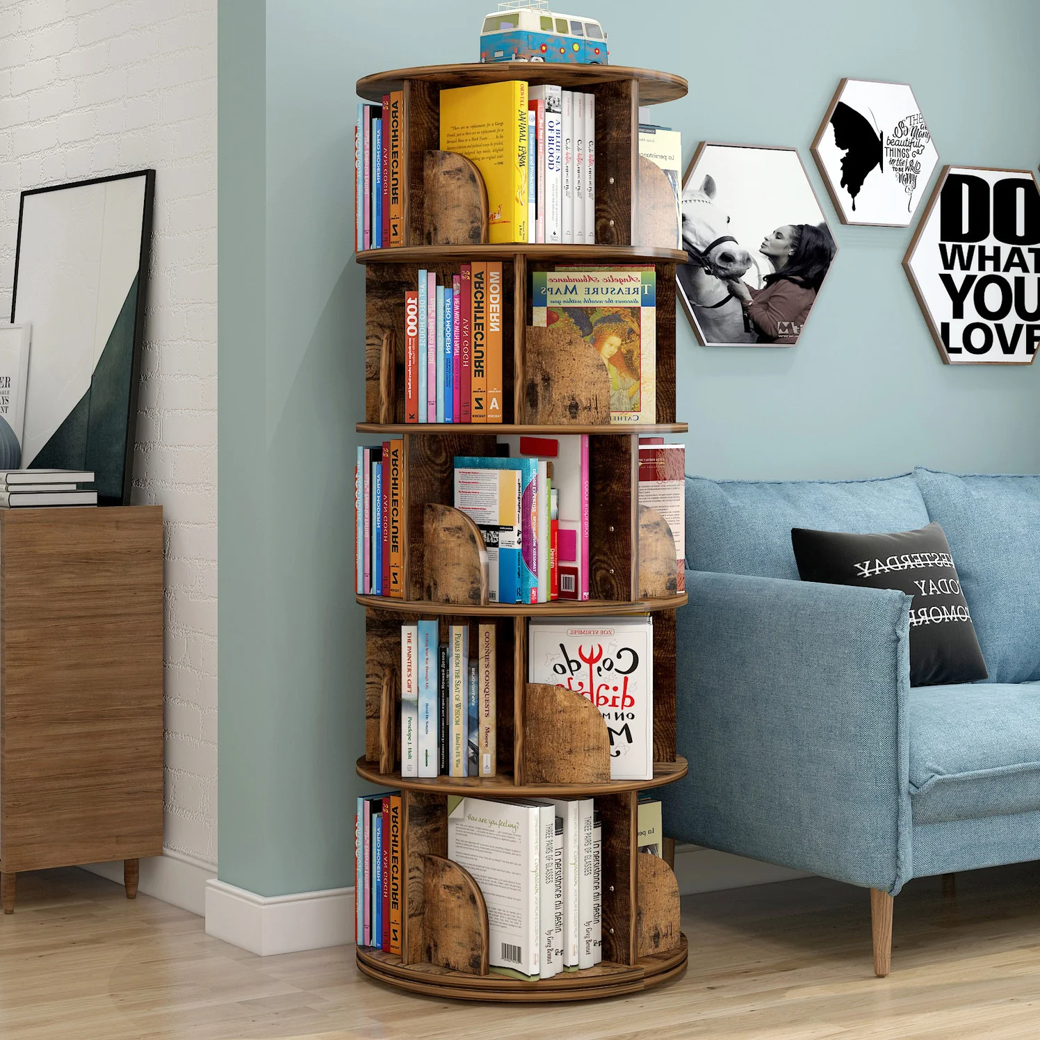 Sanctuary 360-degree Rotating 5 Tier Display Shelf Bookcase Organiser (Rustic Wood) - Image 4