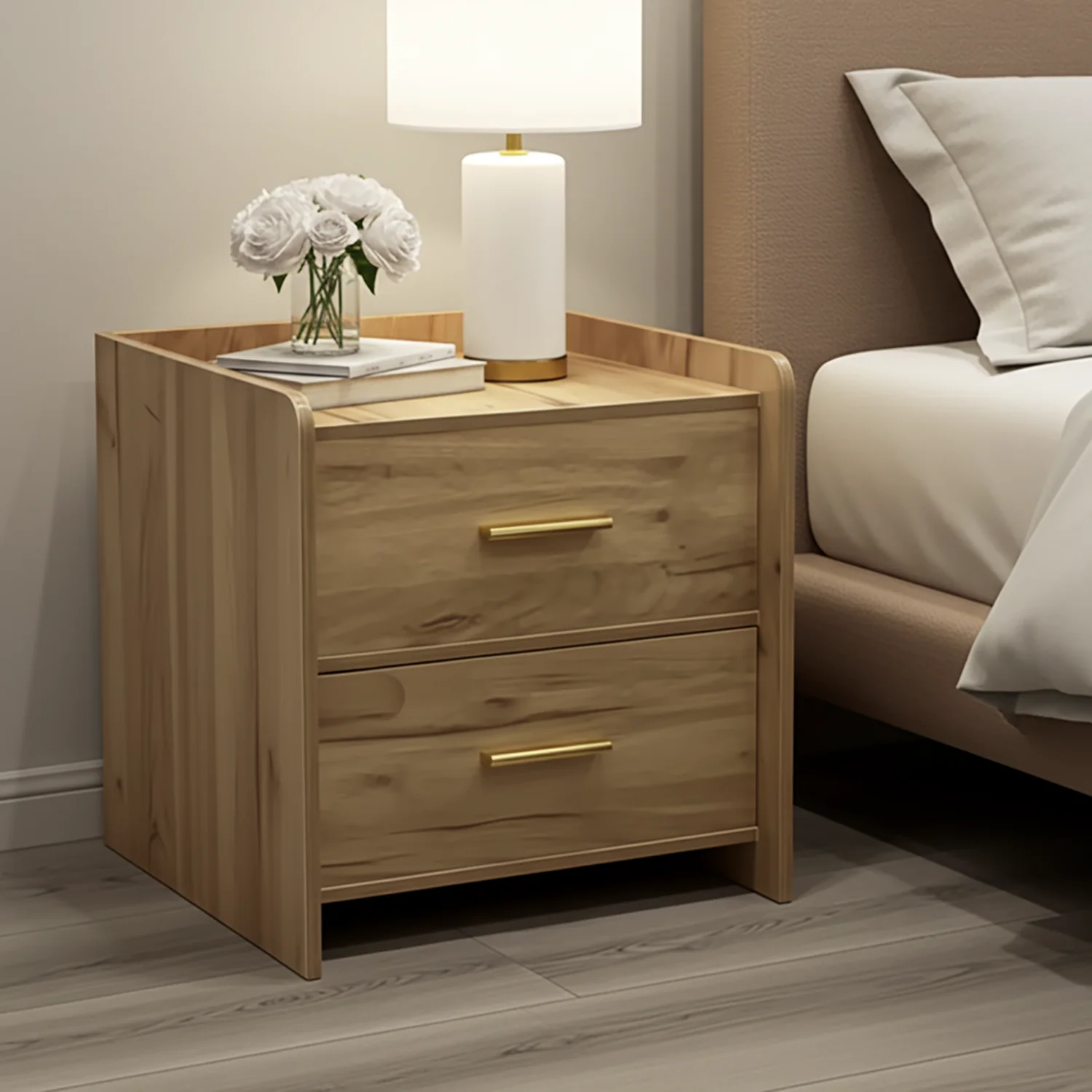 Serene 2-Drawer Bedside Table Nightstand (Oak) - Image 2