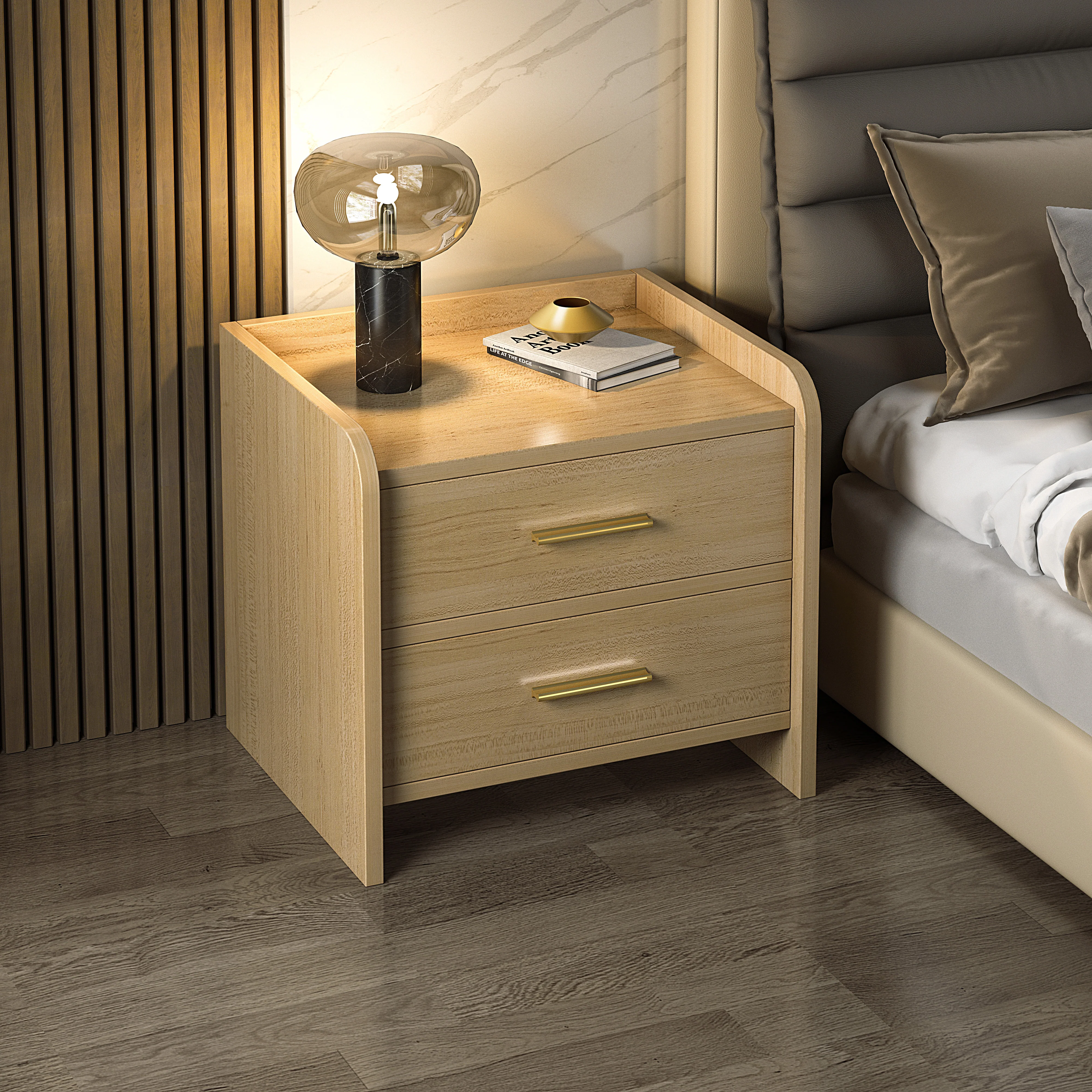 Serene 2-Drawer Bedside Table Nightstand (Oak) - Image 9