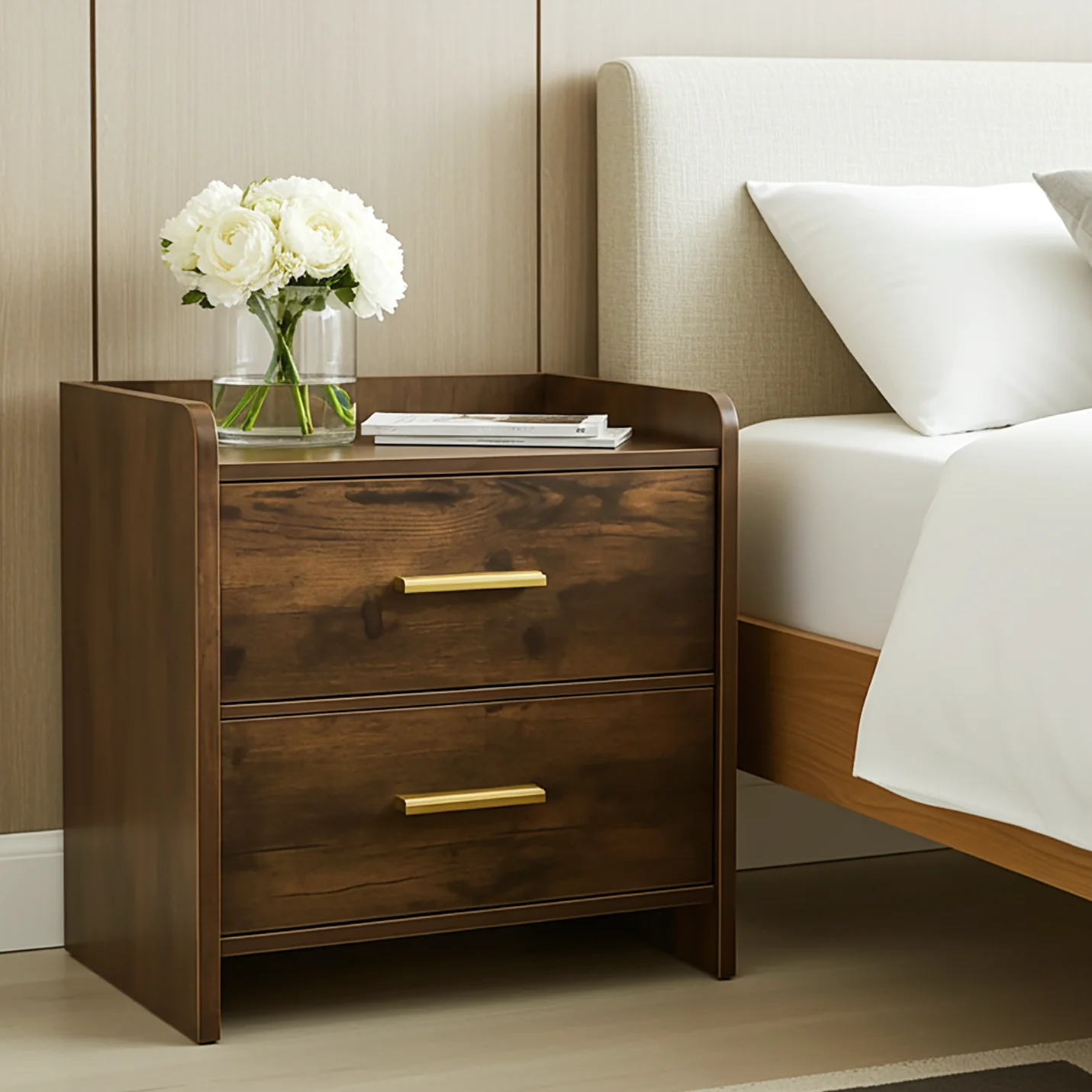 Serene 2-Drawer Bedside Table Nightstand (Rustic Wood) - Image 2