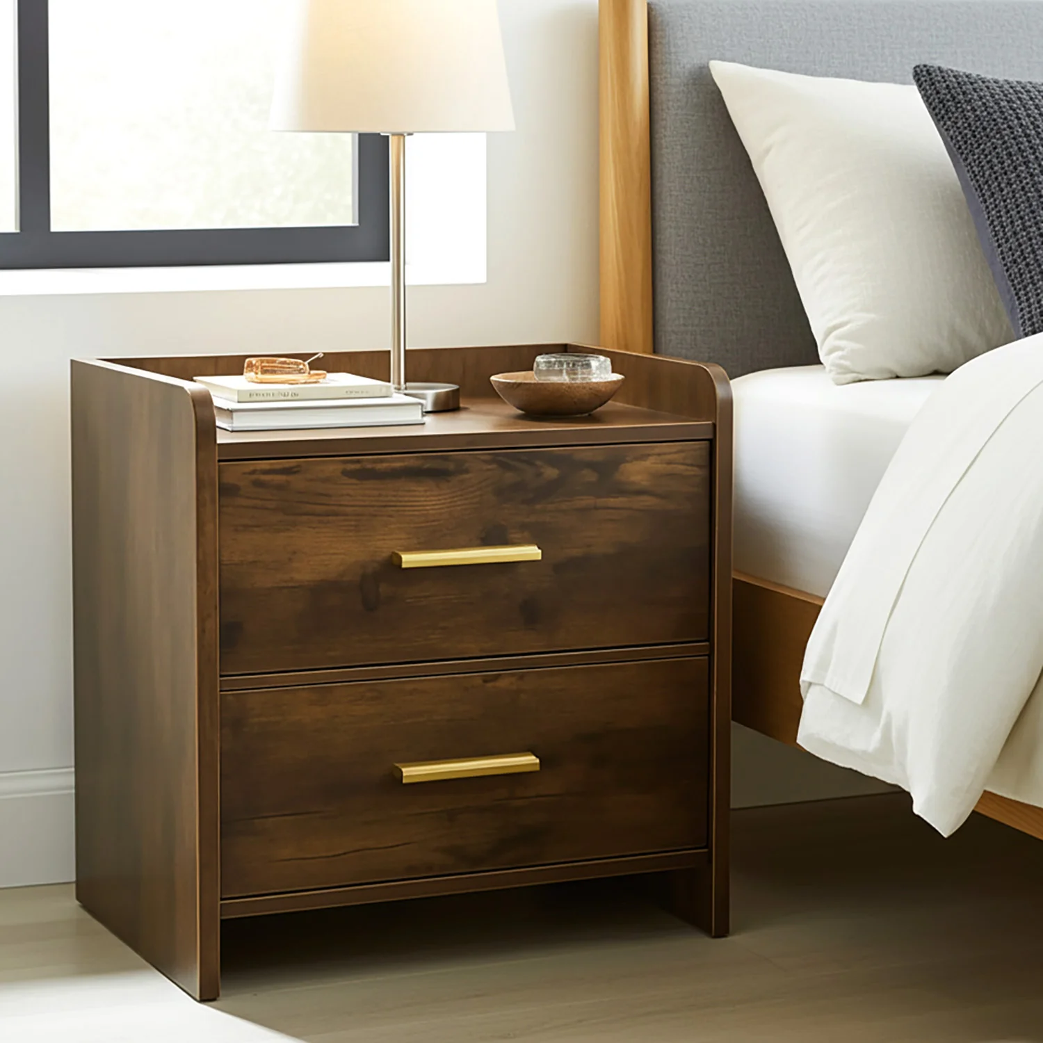 Serene 2-Drawer Bedside Table Nightstand (Rustic Wood) - Image 4