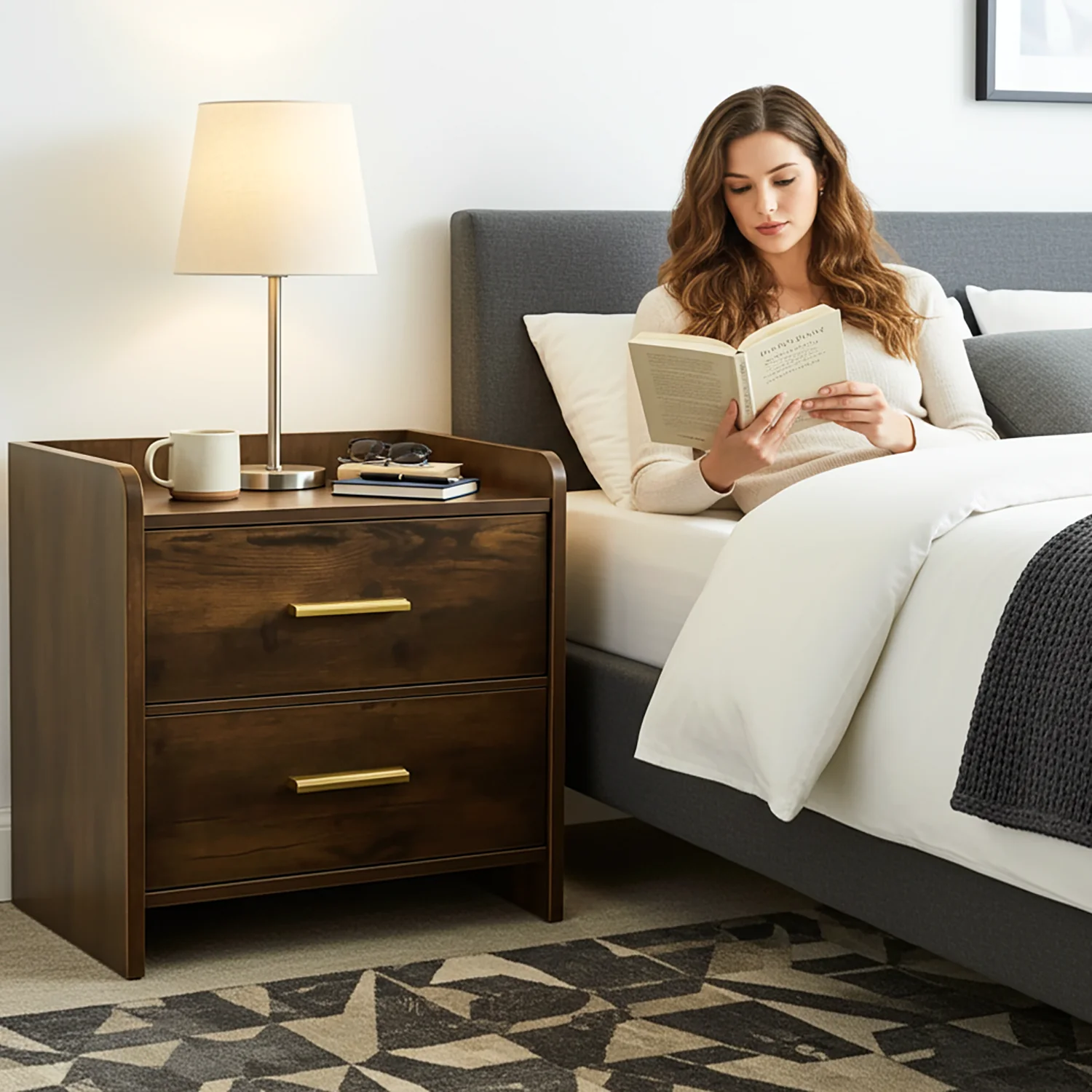 Serene 2-Drawer Bedside Table Nightstand (Rustic Wood) - Image 6