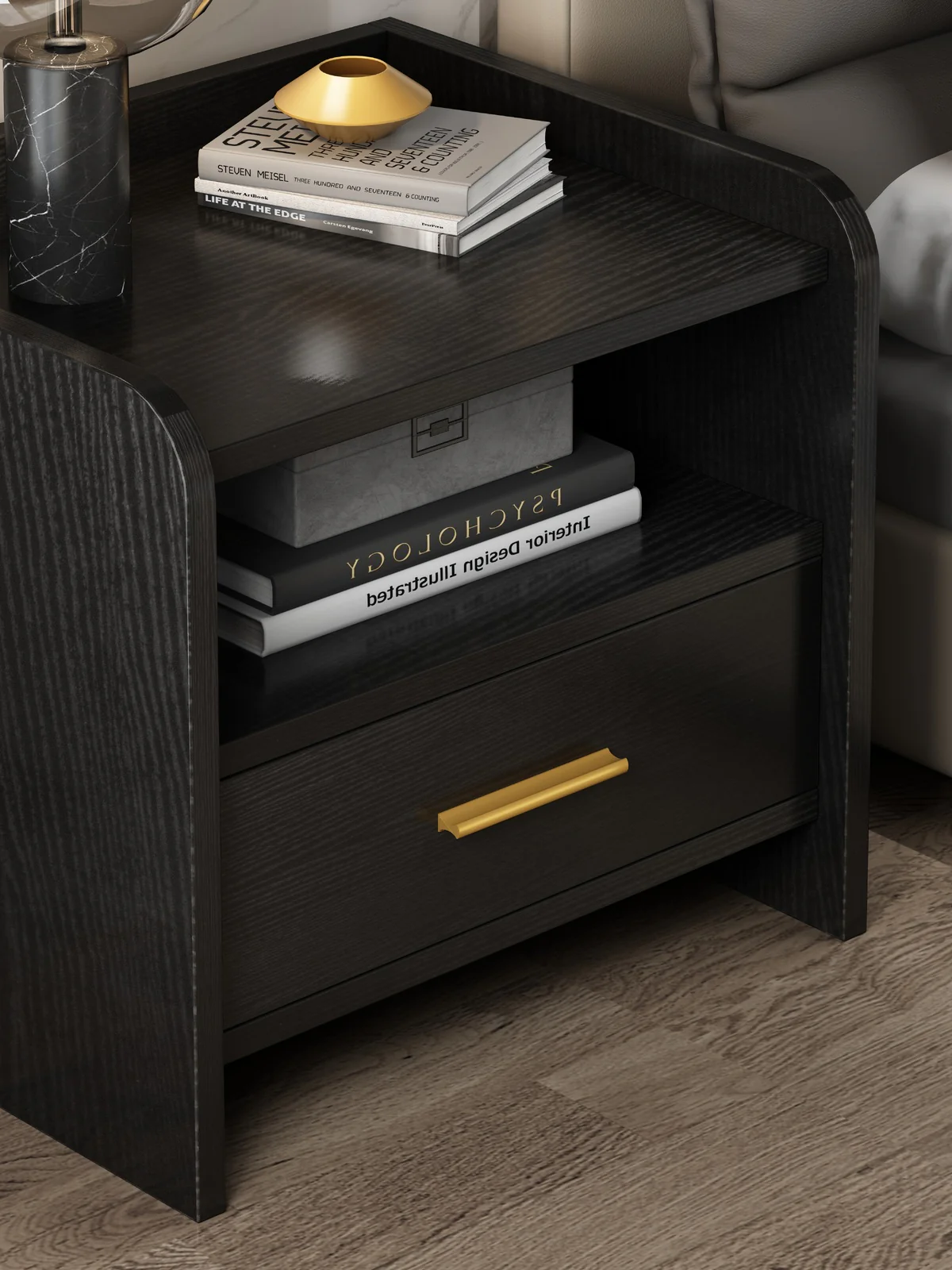 Serene Bedside Table Nightstand with Drawer (Black) - Image 6