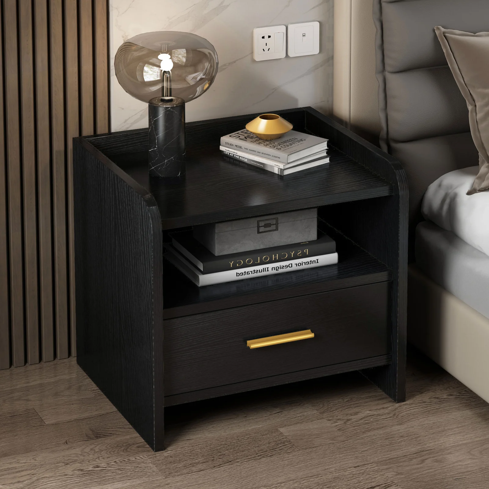 Serene Bedside Table Nightstand with Drawer (Black) - Image 8