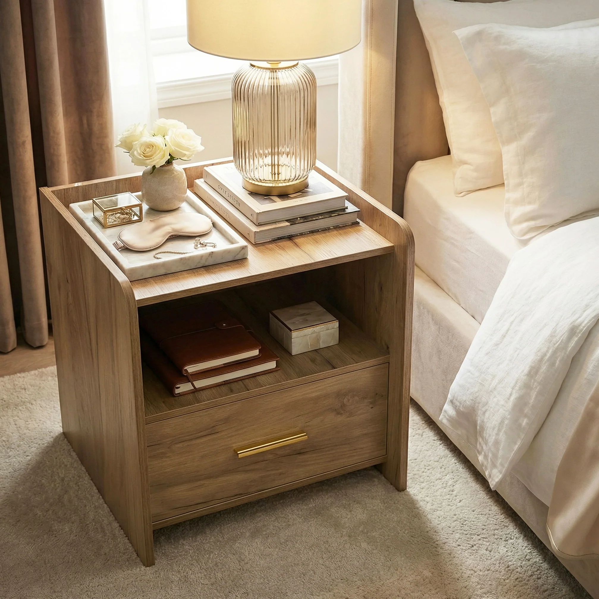 Serene Bedside Table Nightstand with Drawer (Oak) - Image 6