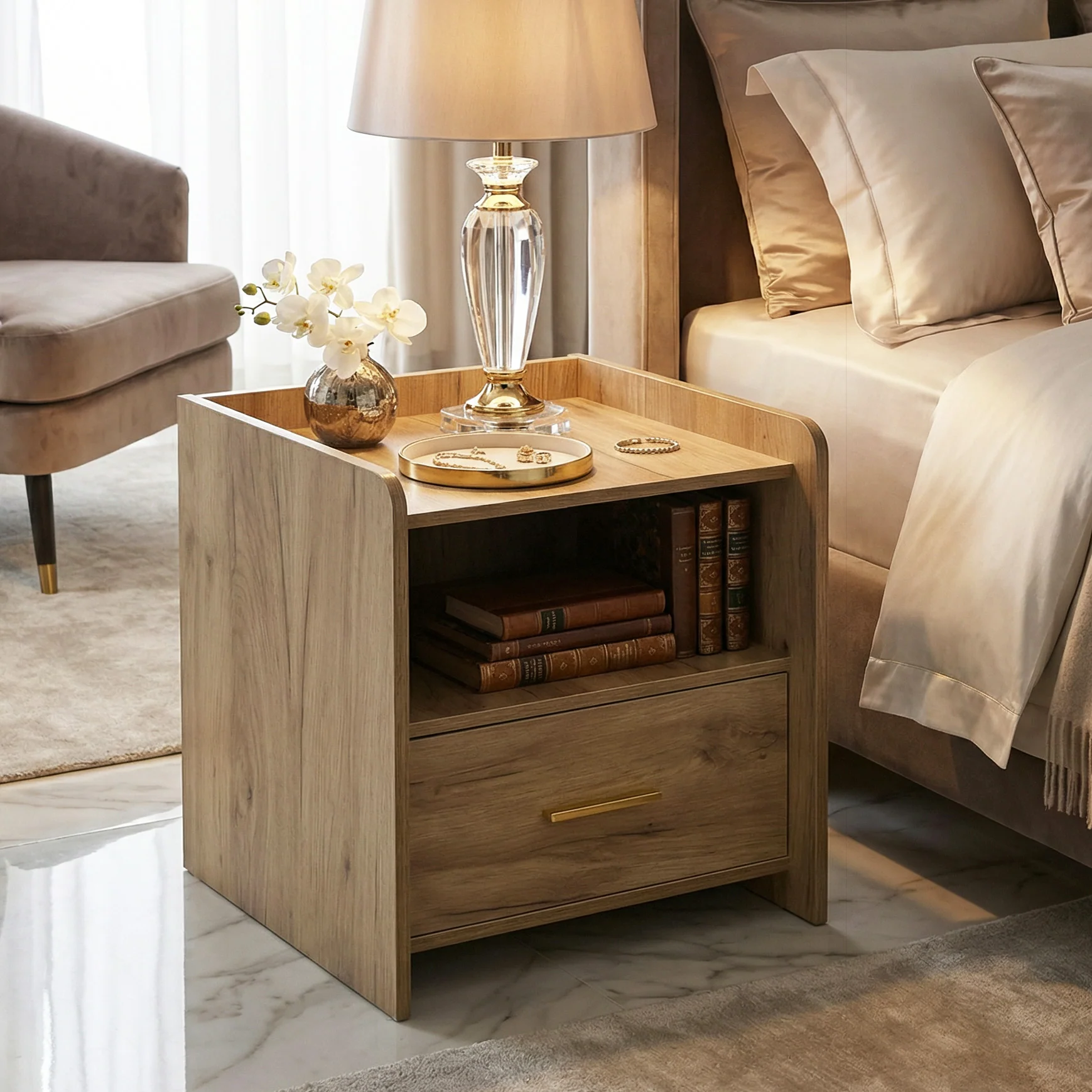 Serene Bedside Table Nightstand with Drawer (Oak) - Image 8