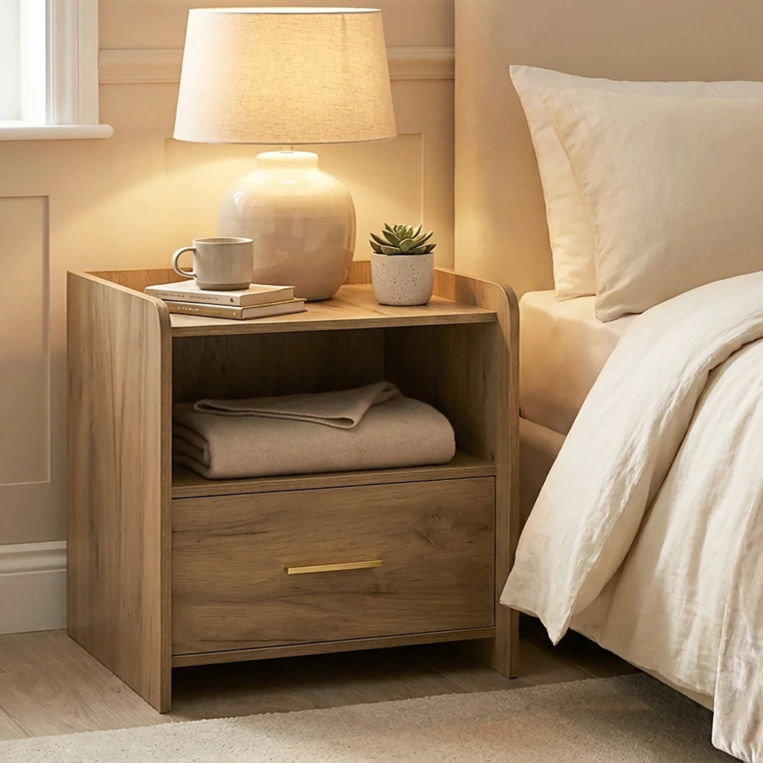 Serene Bedside Table Nightstand with Drawer (Rustic Oak) - Image 4
