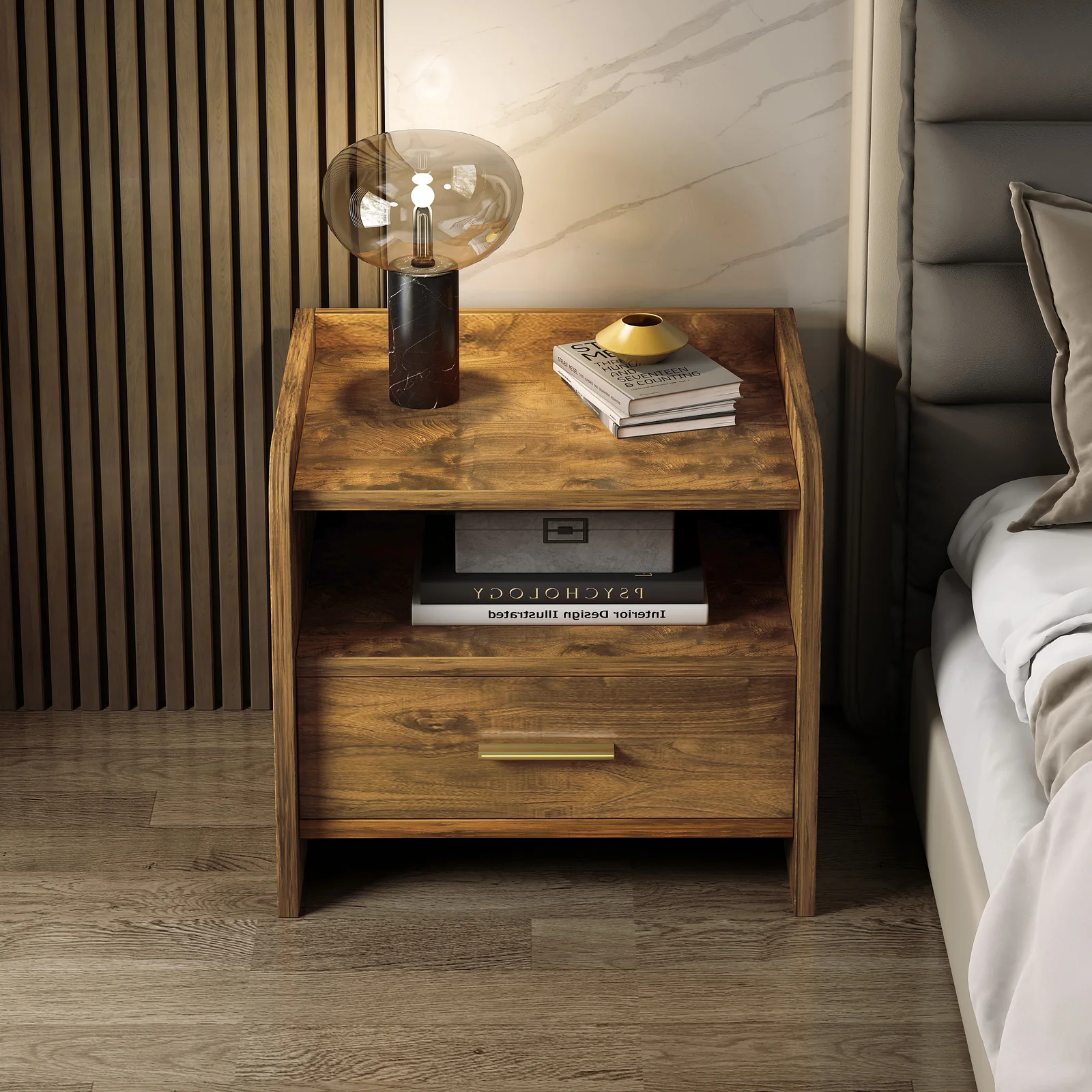 Serene Bedside Table Nightstand with Drawer (Rustic Wood) - Image 7