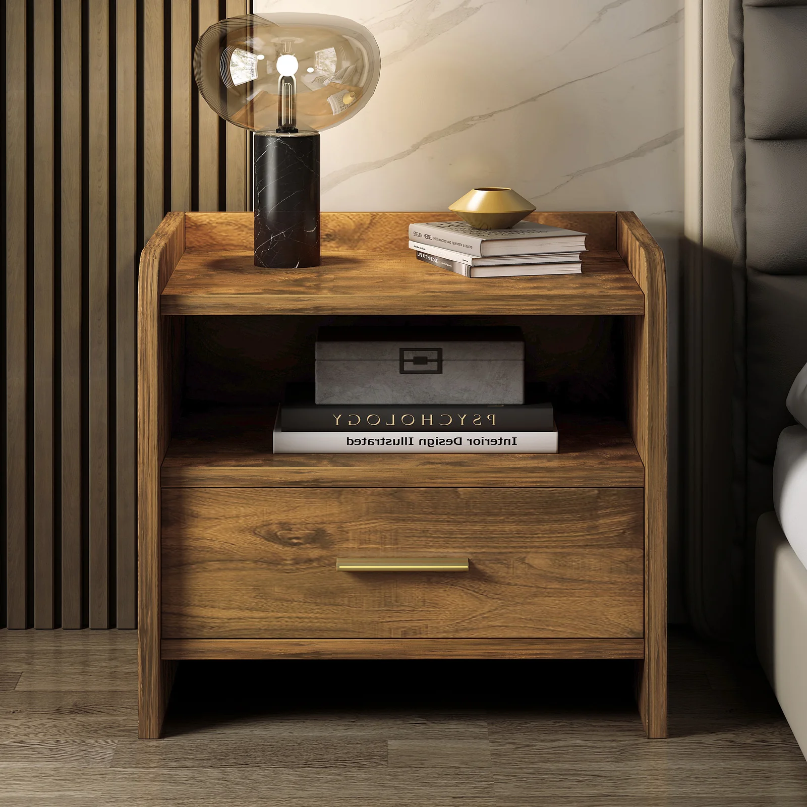 Serene Bedside Table Nightstand with Drawer (Rustic Wood) - Image 9