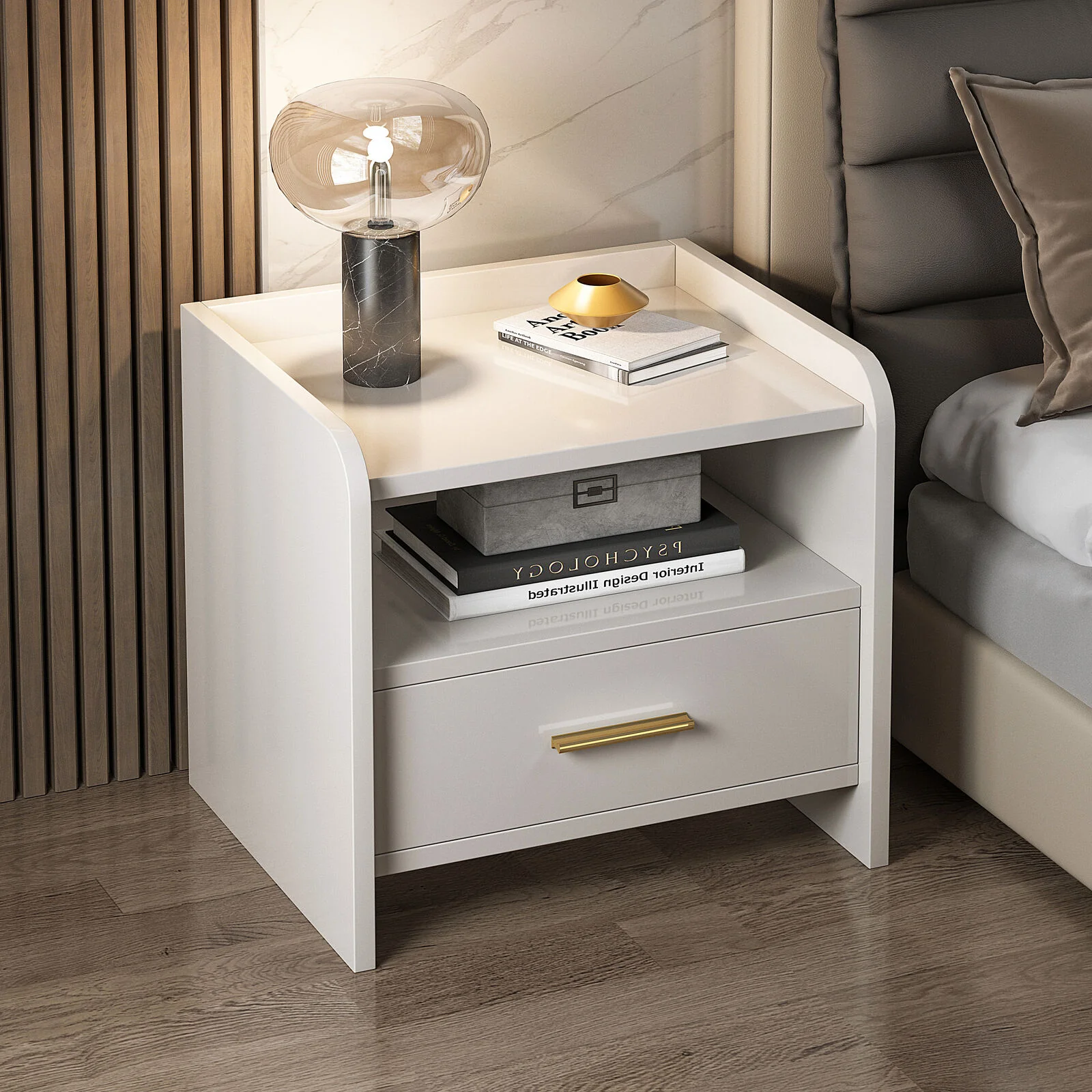 Serene Bedside Table Nightstand with Drawer (White)