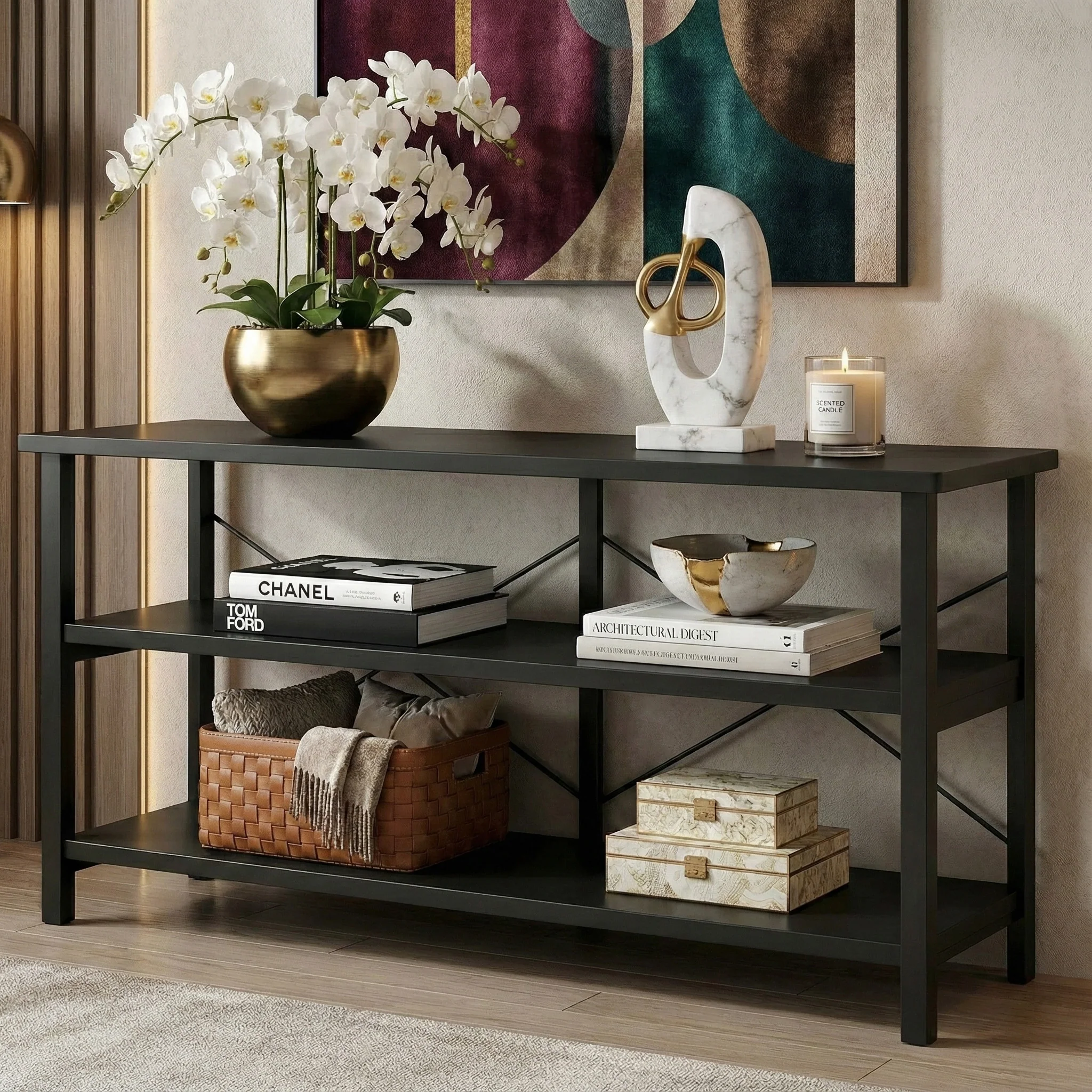 Serenity Industrial Console Table Bookcase TV Stand Storage Shelf Unit (Black) - Image 10
