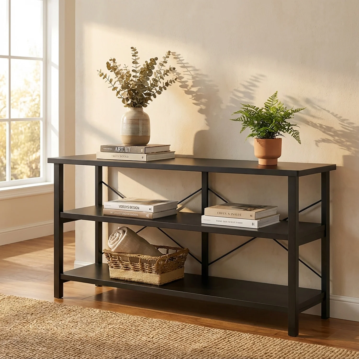 Serenity Industrial Console Table Bookcase TV Stand Storage Shelf Unit (Black) - Image 13