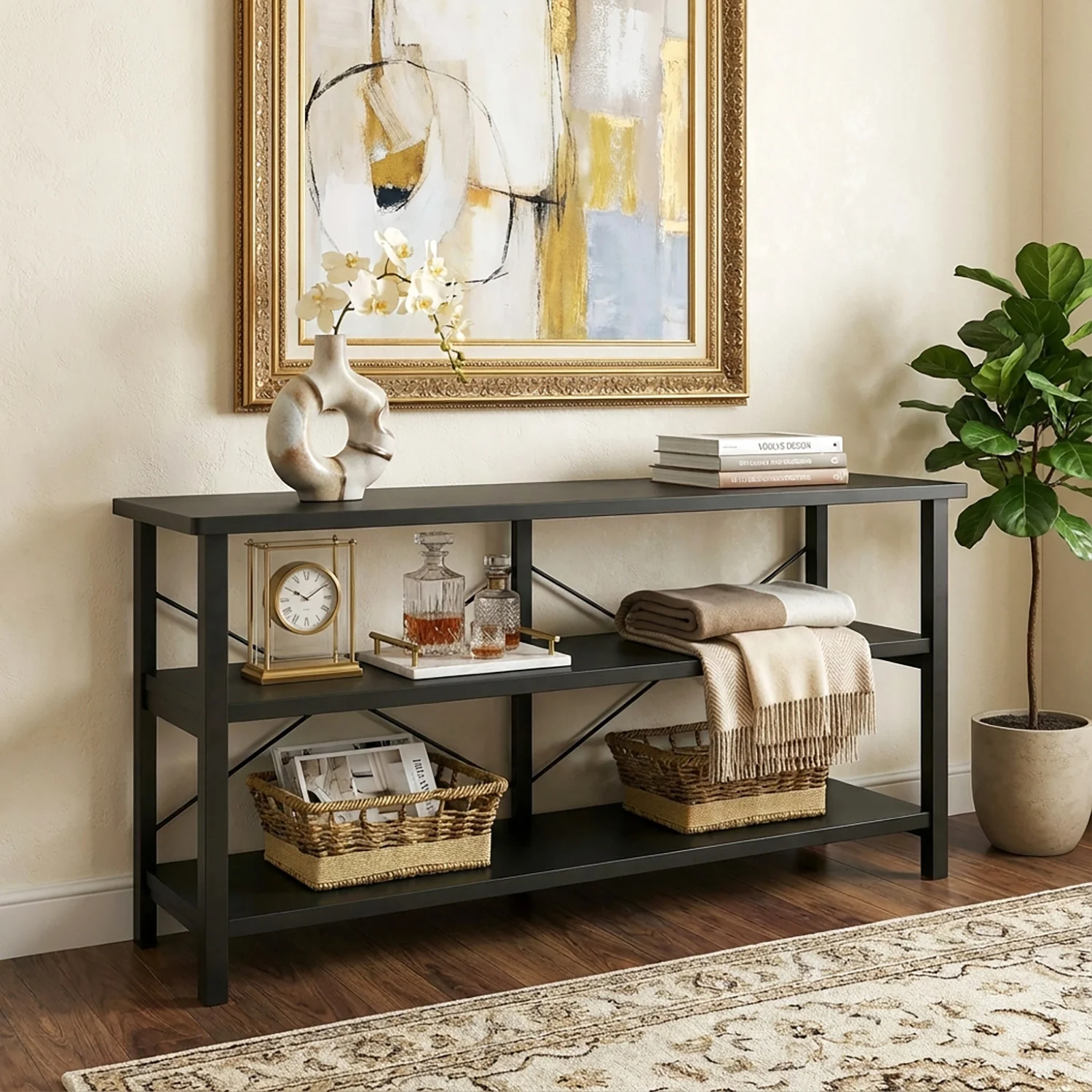 Serenity Industrial Console Table Bookcase TV Stand Storage Shelf Unit (Black) - Image 14