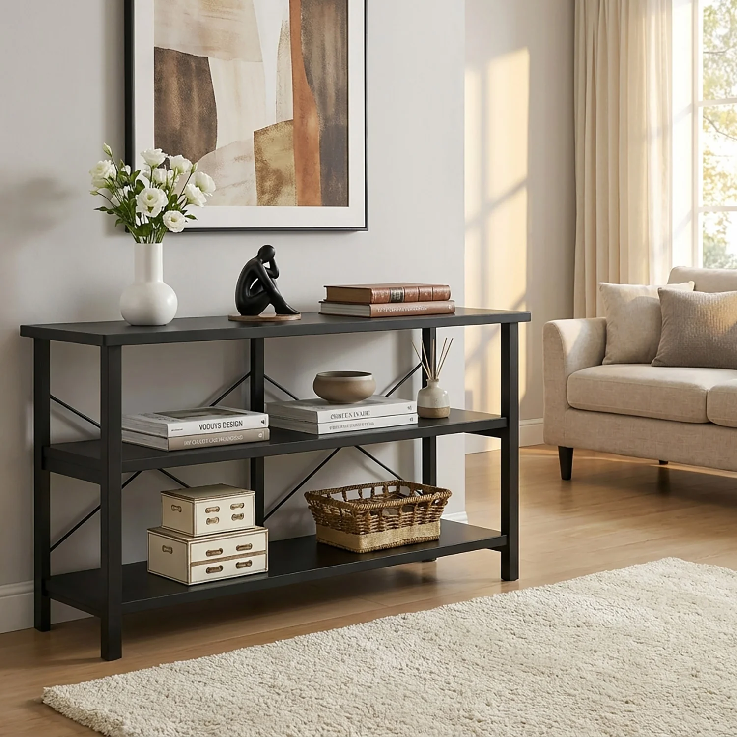 Serenity Industrial Console Table Bookcase TV Stand Storage Shelf Unit (Black) - Image 16