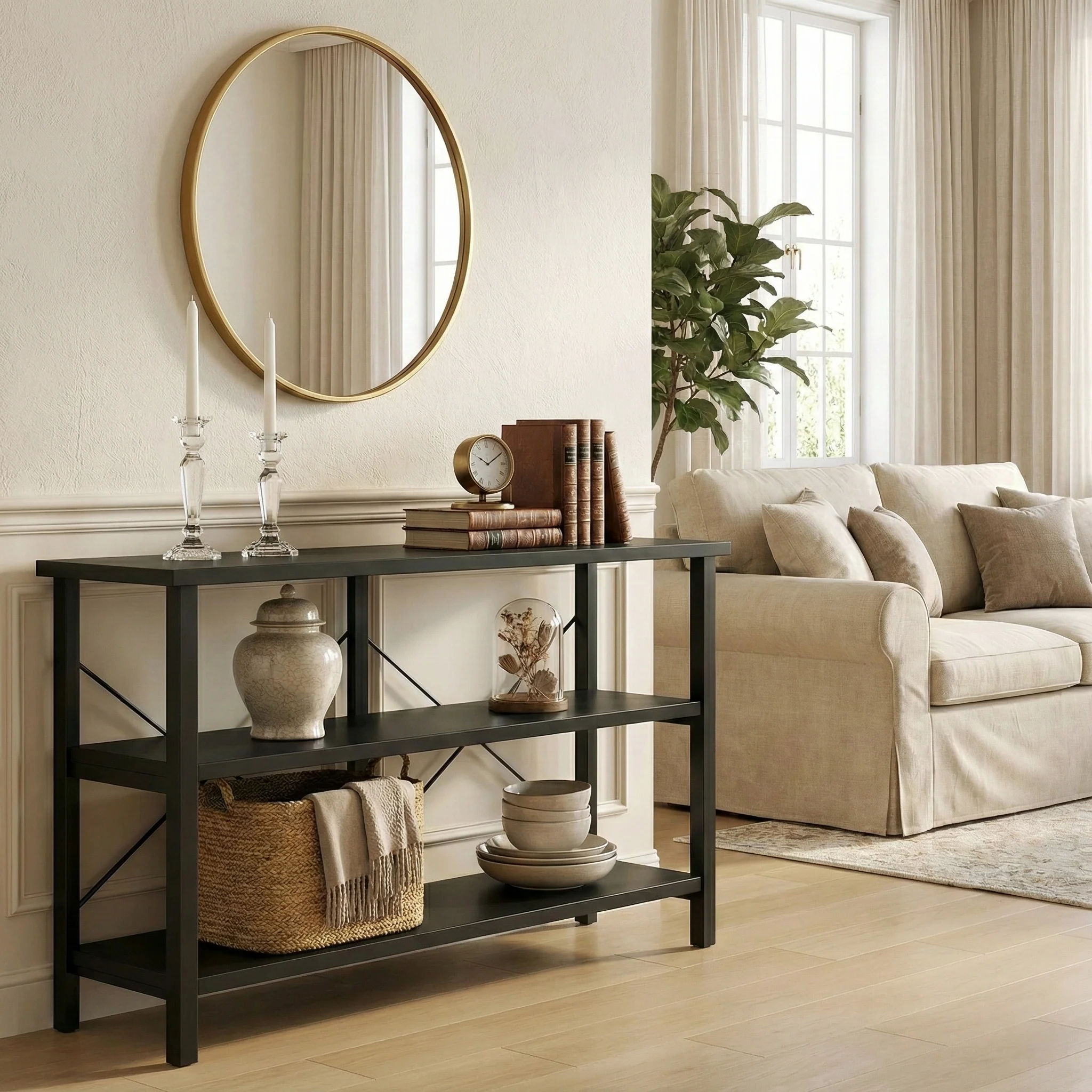Serenity Industrial Console Table Bookcase TV Stand Storage Shelf Unit (Black) - Image 18