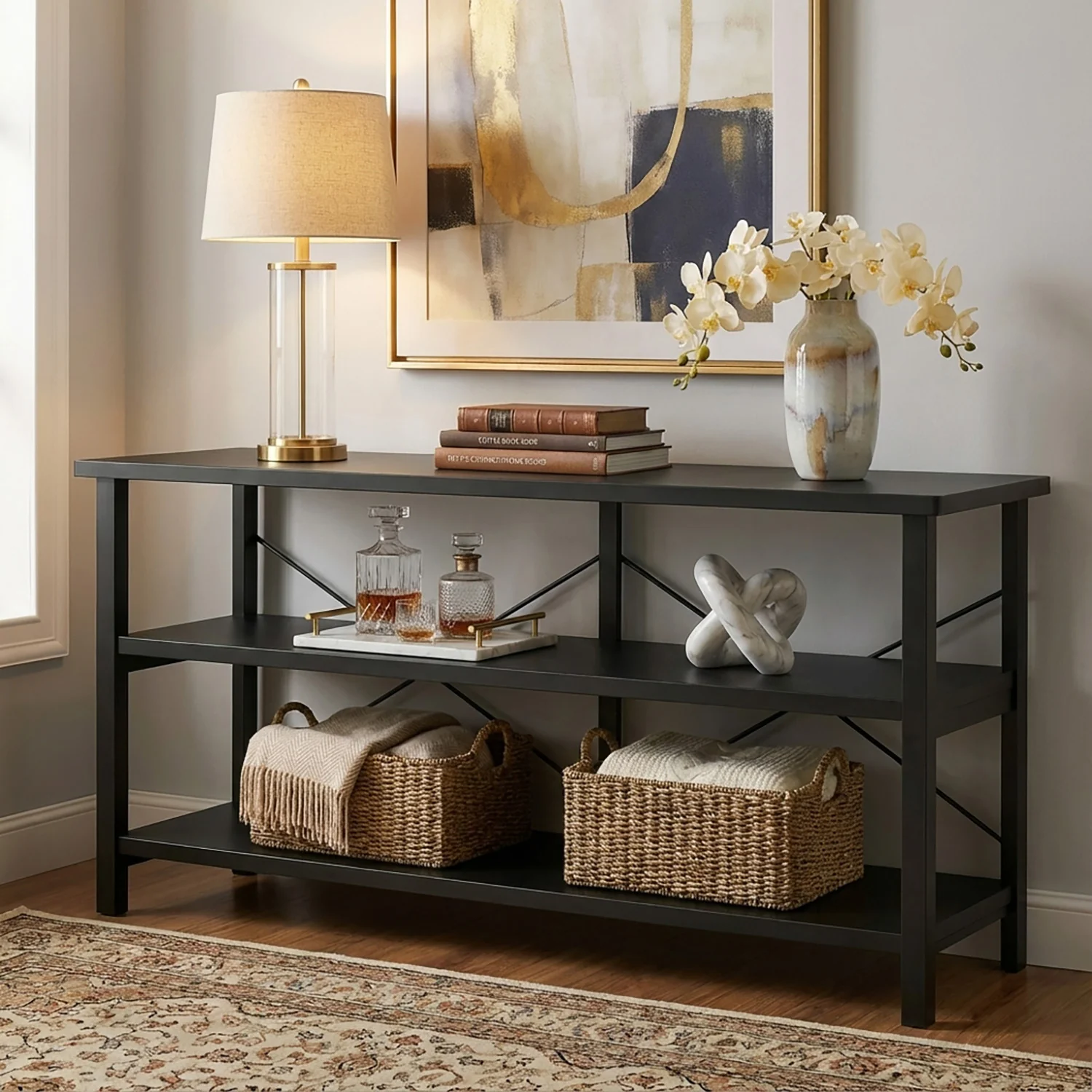 Serenity Industrial Console Table Bookcase TV Stand Storage Shelf Unit (Black) - Image 6