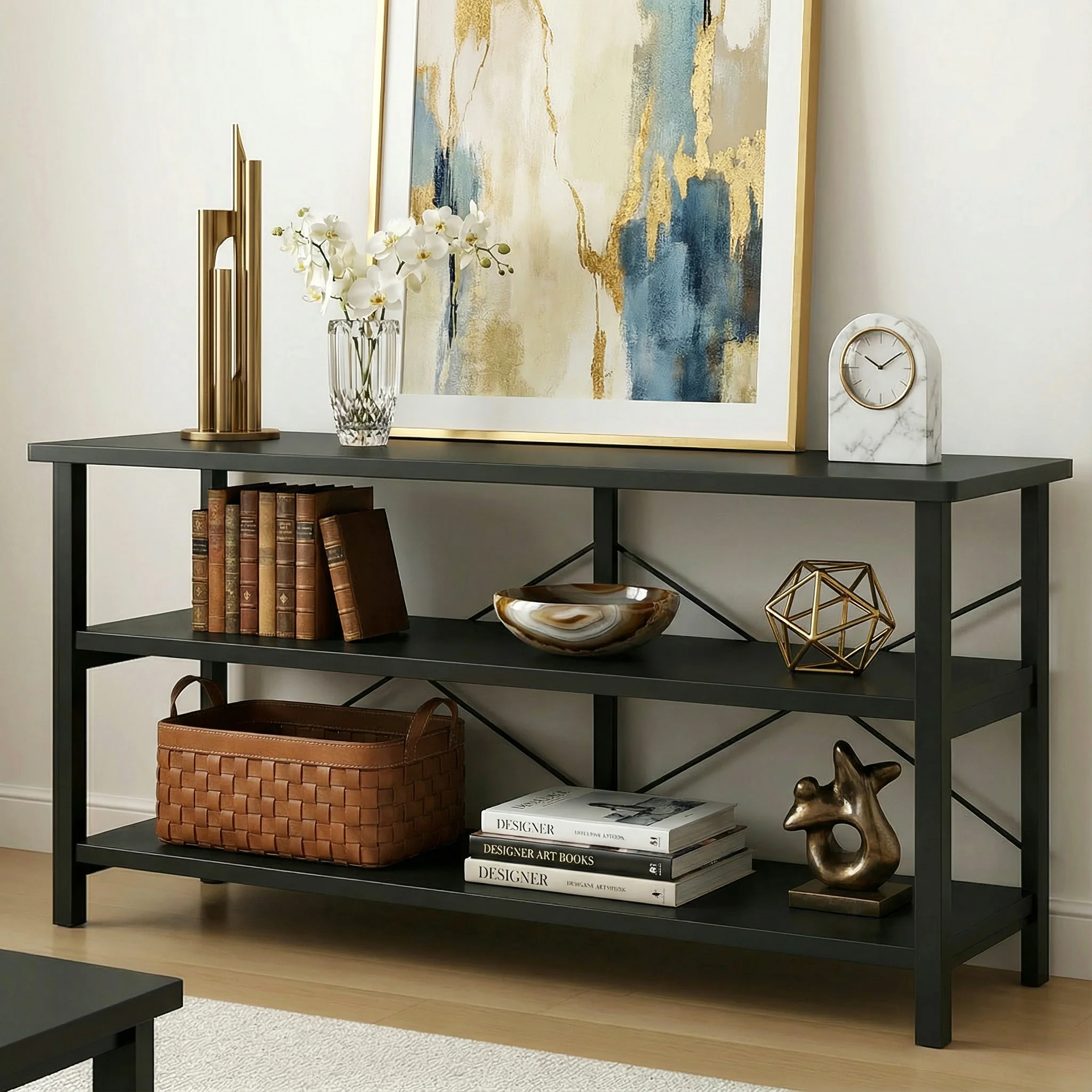 Serenity Industrial Console Table Bookcase TV Stand Storage Shelf Unit (Black) - Image 8