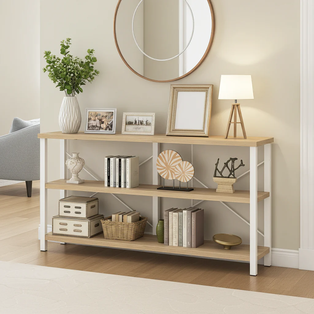 Serenity Industrial Console Table Bookcase TV Stand Storage Shelf Unit (Coastal Oak) - Image 24