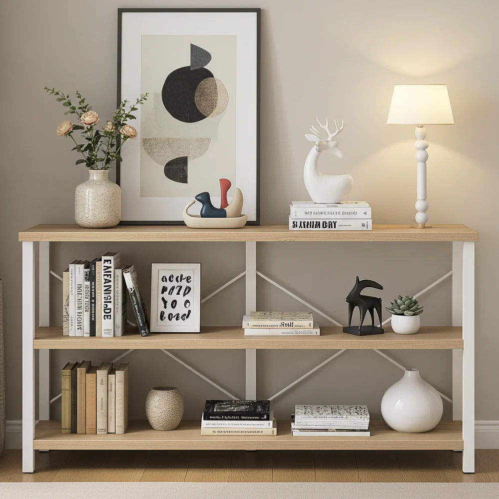 Serenity Industrial Console Table Bookcase TV Stand Storage Shelf Unit (Coastal Oak) - Image 3