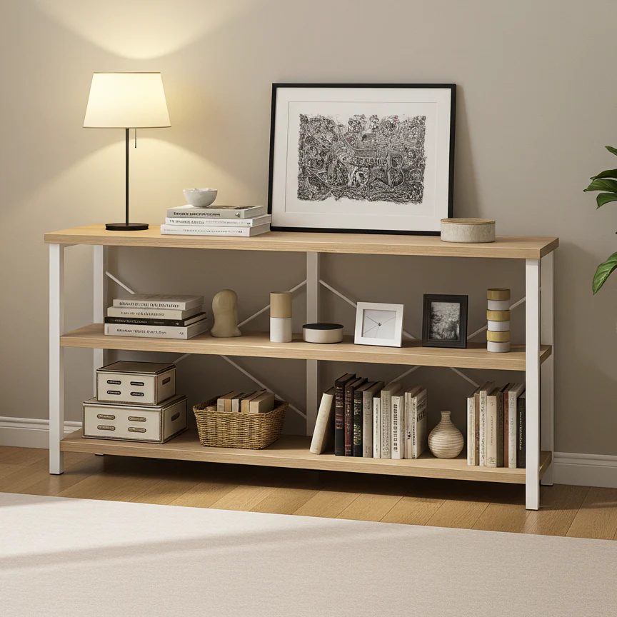 Serenity Industrial Console Table Bookcase TV Stand Storage Shelf Unit (Coastal Oak) - Image 4