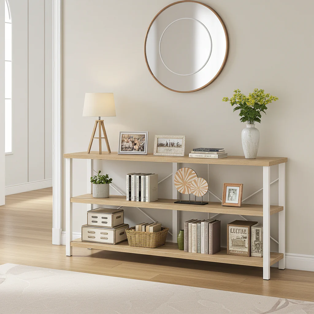 Serenity Industrial Console Table Bookcase TV Stand Storage Shelf Unit (Coastal Oak) - Image 6