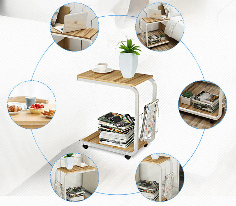 Sofa Bed Side Table Laptop Desk with Magazine Rack and Wheels (White Oak) - Image 4