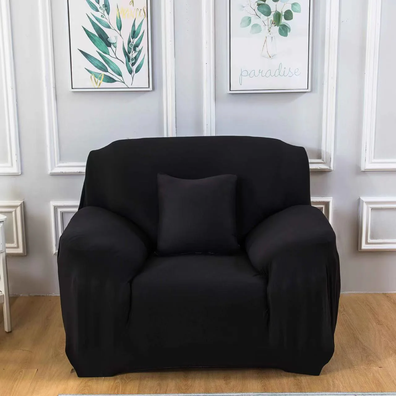 Sofa Cover Stretch Set: Lounge Couch & Cushion Protector (Black, Single Seater) - Image 3