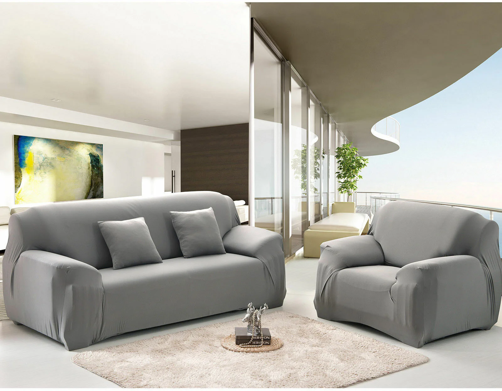 Sofa Cover Stretch Set: Lounge Couch & Cushion Protector (Grey, Single Seater) - Image 8