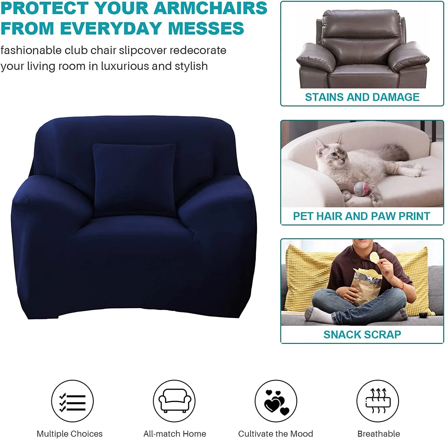 Sofa Cover Stretch Set: Lounge Couch & Cushion Protector (Navy, Single Seater) - Image 8