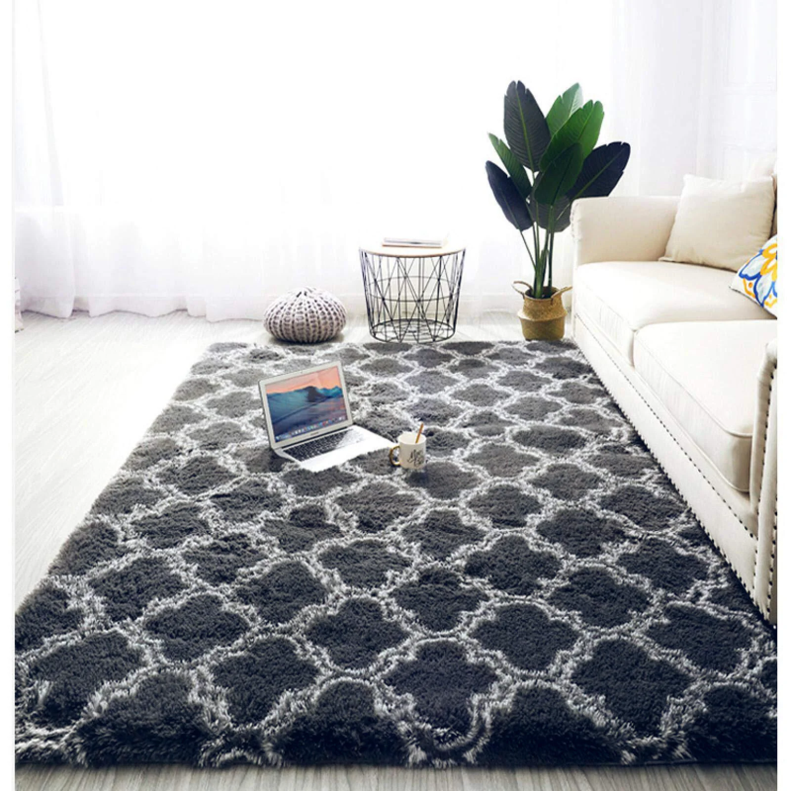 Soft Bedroom/Living Room Comfortable Shag Rug (200 x 140, Black Lattice) - Image 13