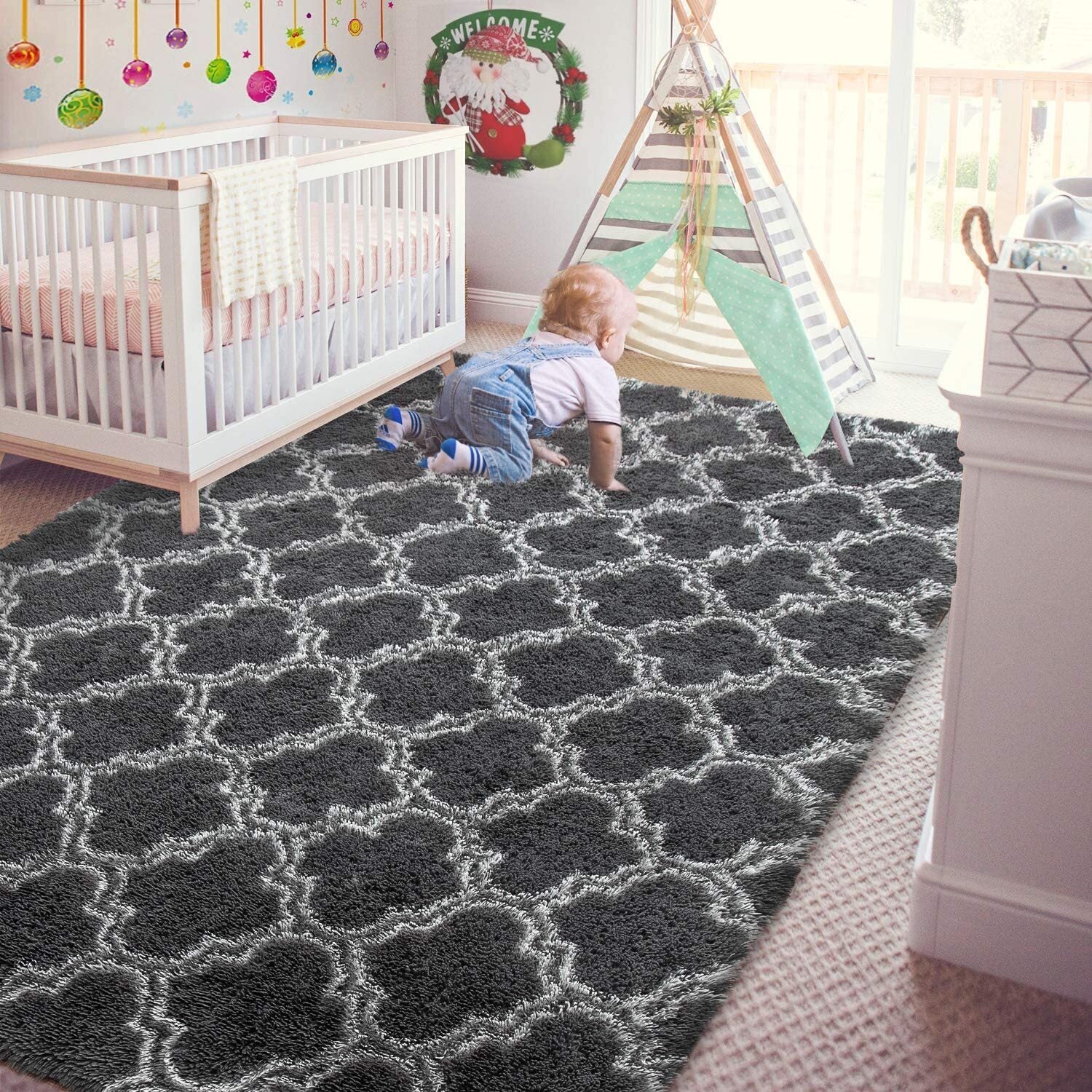 Soft Bedroom/Living Room Comfortable Shag Rug (200 x 140, Black Lattice) - Image 20