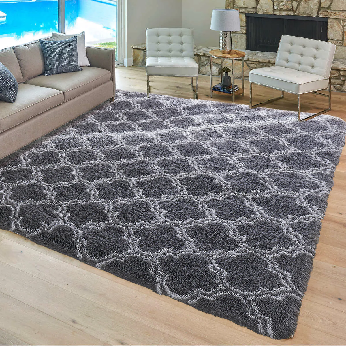 Soft Bedroom/Living Room Comfortable Shag Rug (200 x 140, Black Lattice) - Image 21