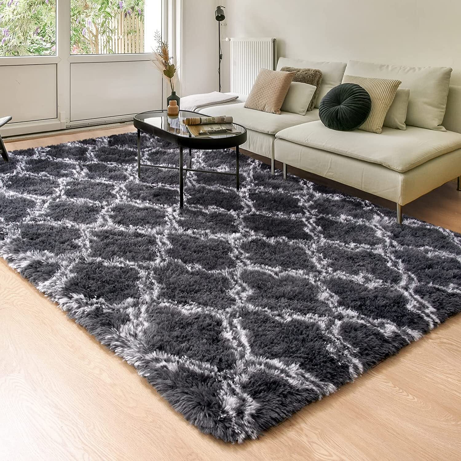 Soft Bedroom/Living Room Comfortable Shag Rug (200 x 140, Black Lattice) - Image 6