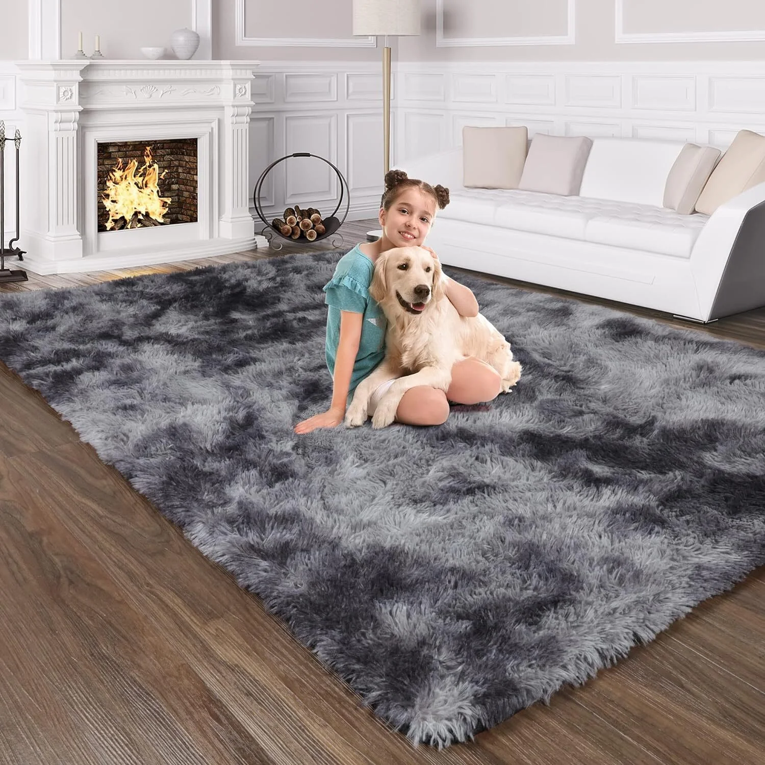 Soft Bedroom/Living Room Comfortable Shag Rug (200 x 140, Charcoal & Grey) - Image 3
